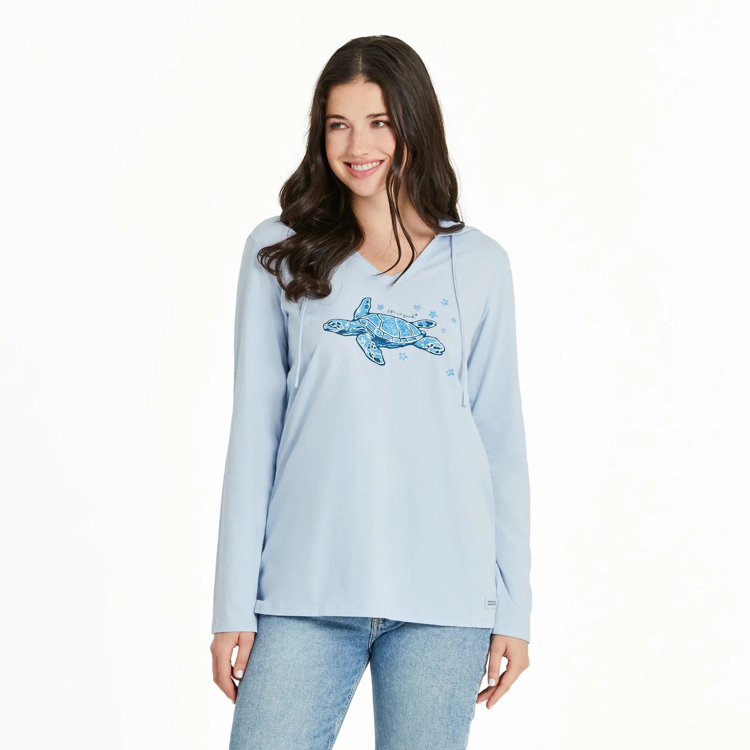 Life is Good W LS Hooded Crusher Floating Turtle Tee SMOKY BLUE