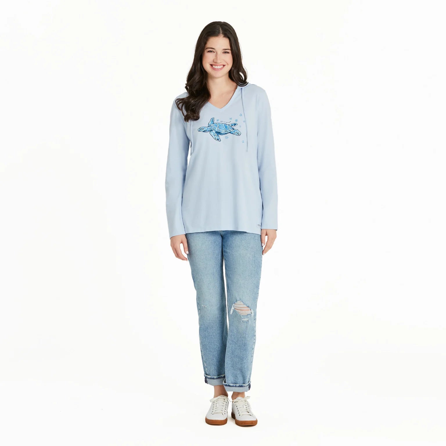 Life is Good W LS Hooded Crusher Floating Turtle Tee SMOKY BLUE