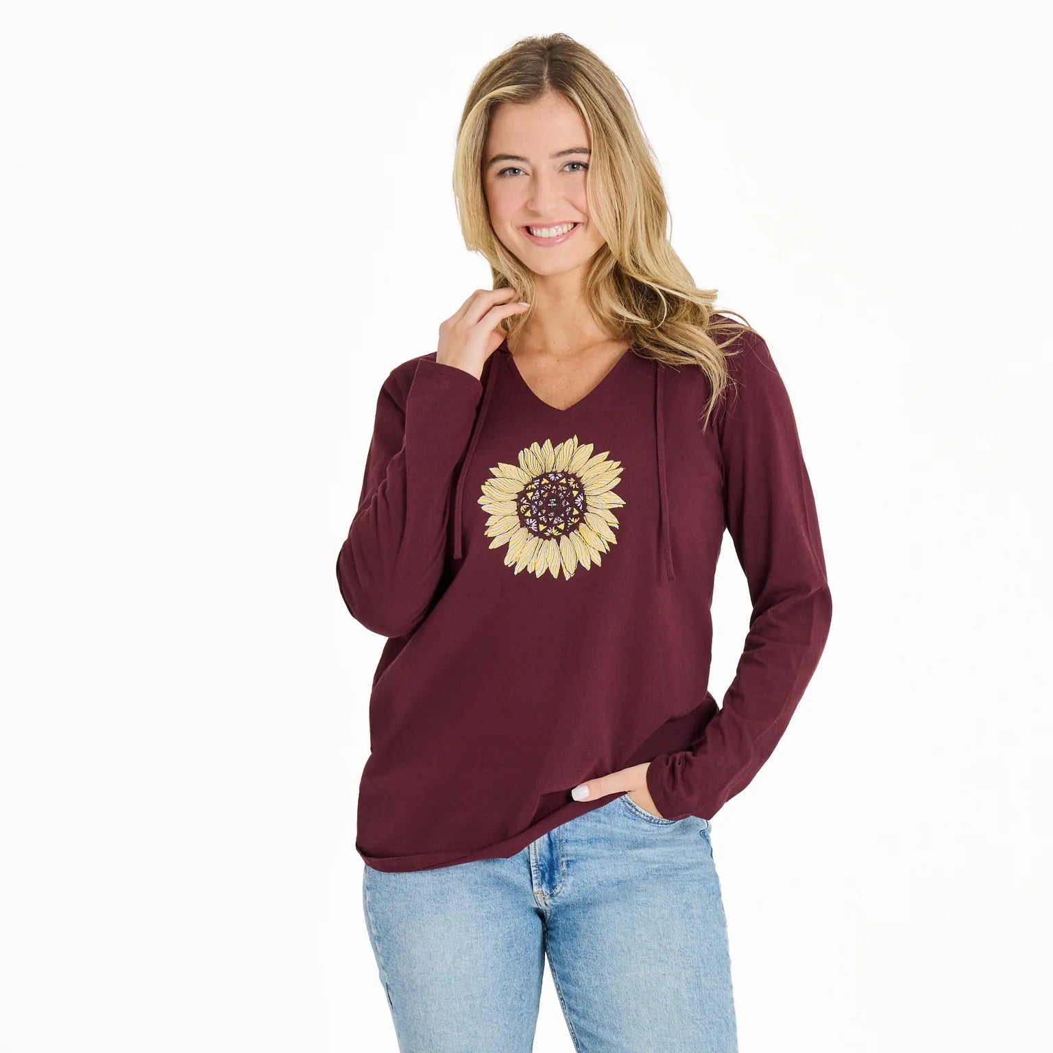Life is Good W LS Hooded Crusher Detailed Sunflower DEEP BURGUNDY