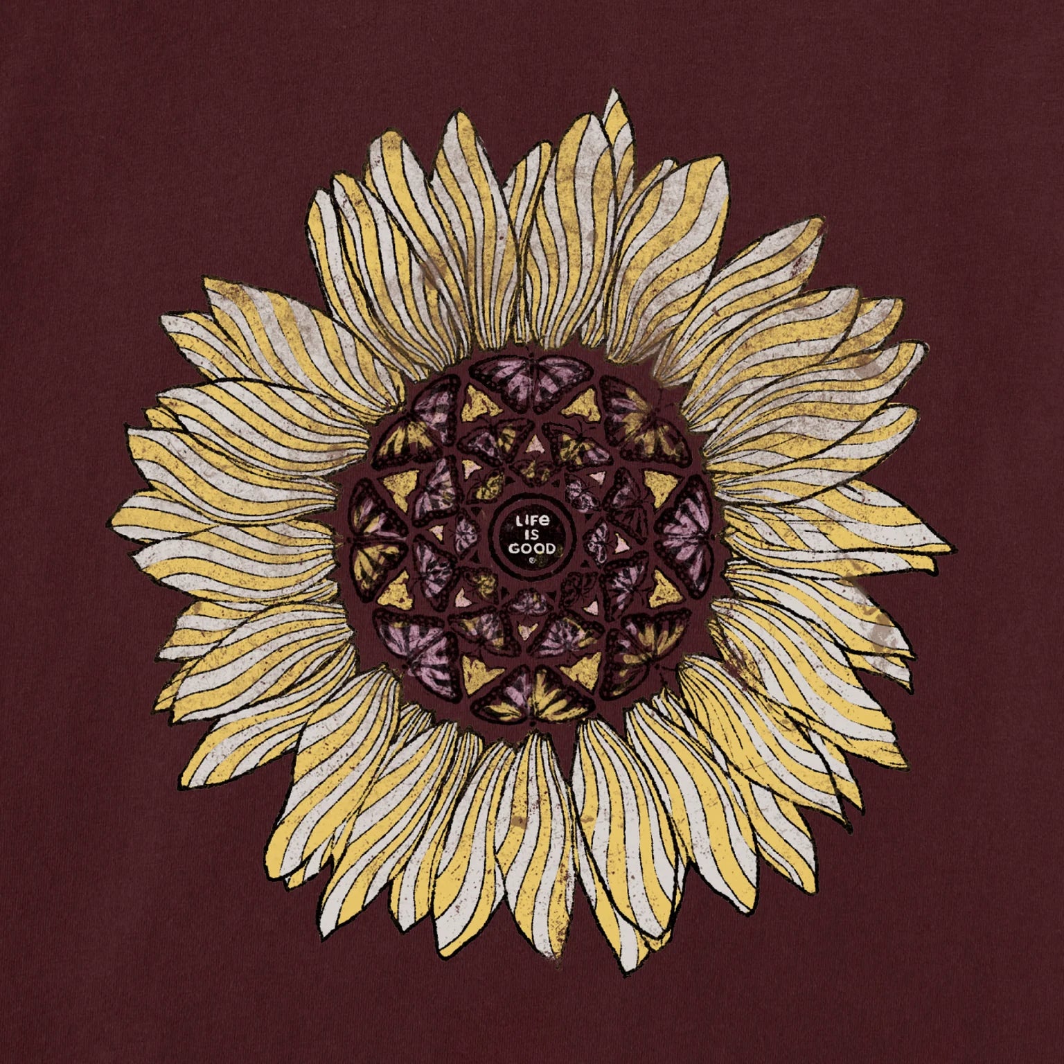 Life is Good W LS Hooded Crusher Detailed Sunflower DEEP BURGUNDY