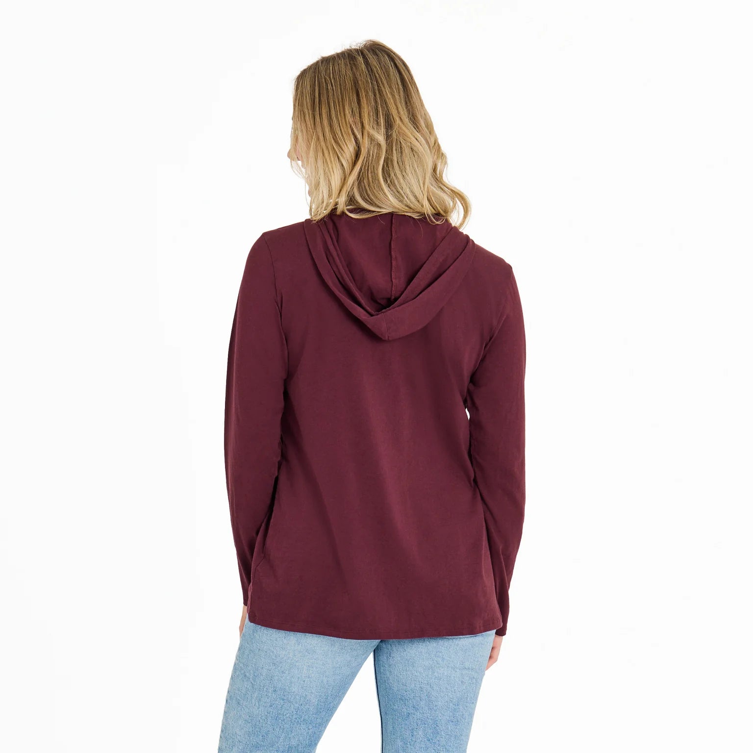Life is Good W LS Hooded Crusher Detailed Sunflower DEEP BURGUNDY