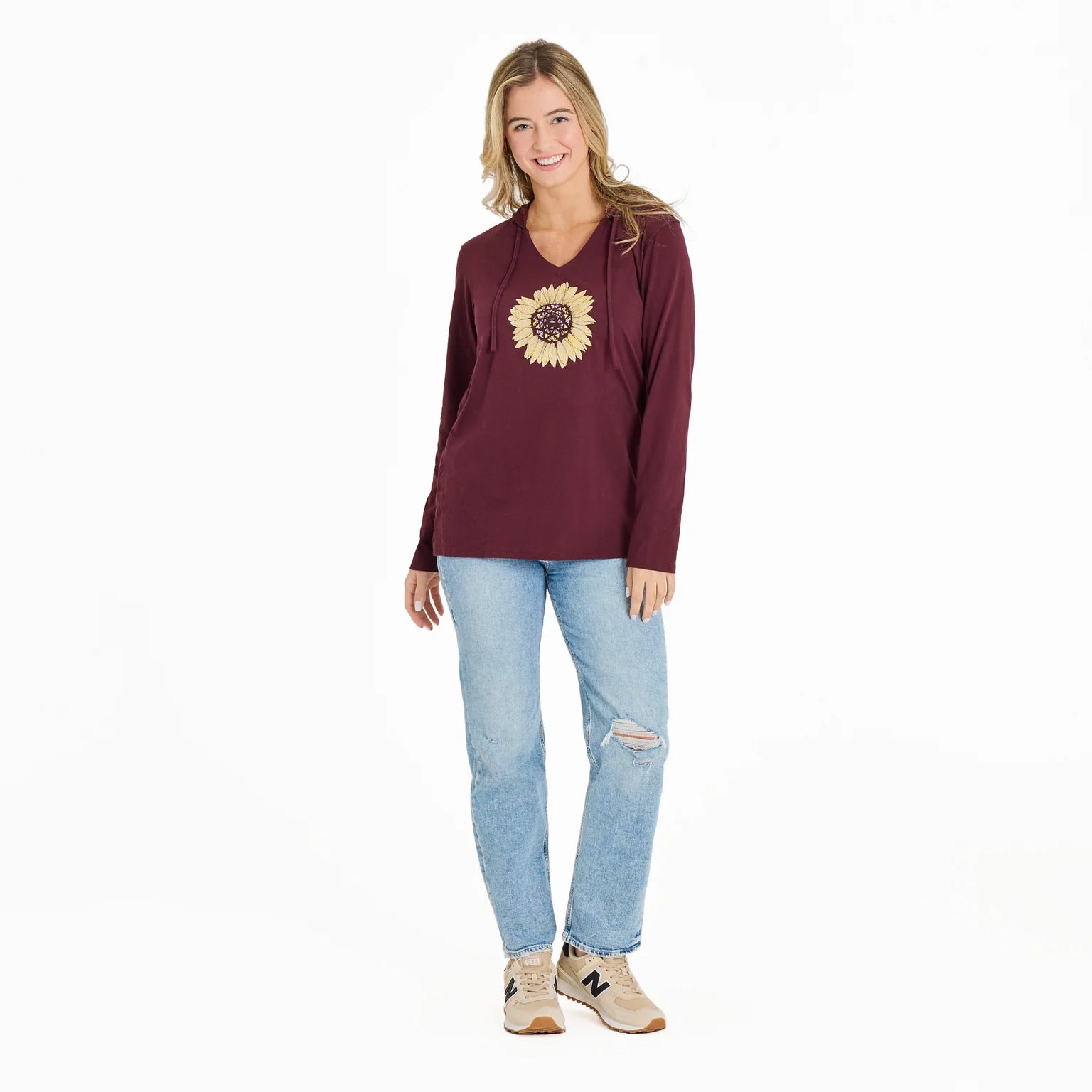 Life is Good W LS Hooded Crusher Detailed Sunflower DEEP BURGUNDY