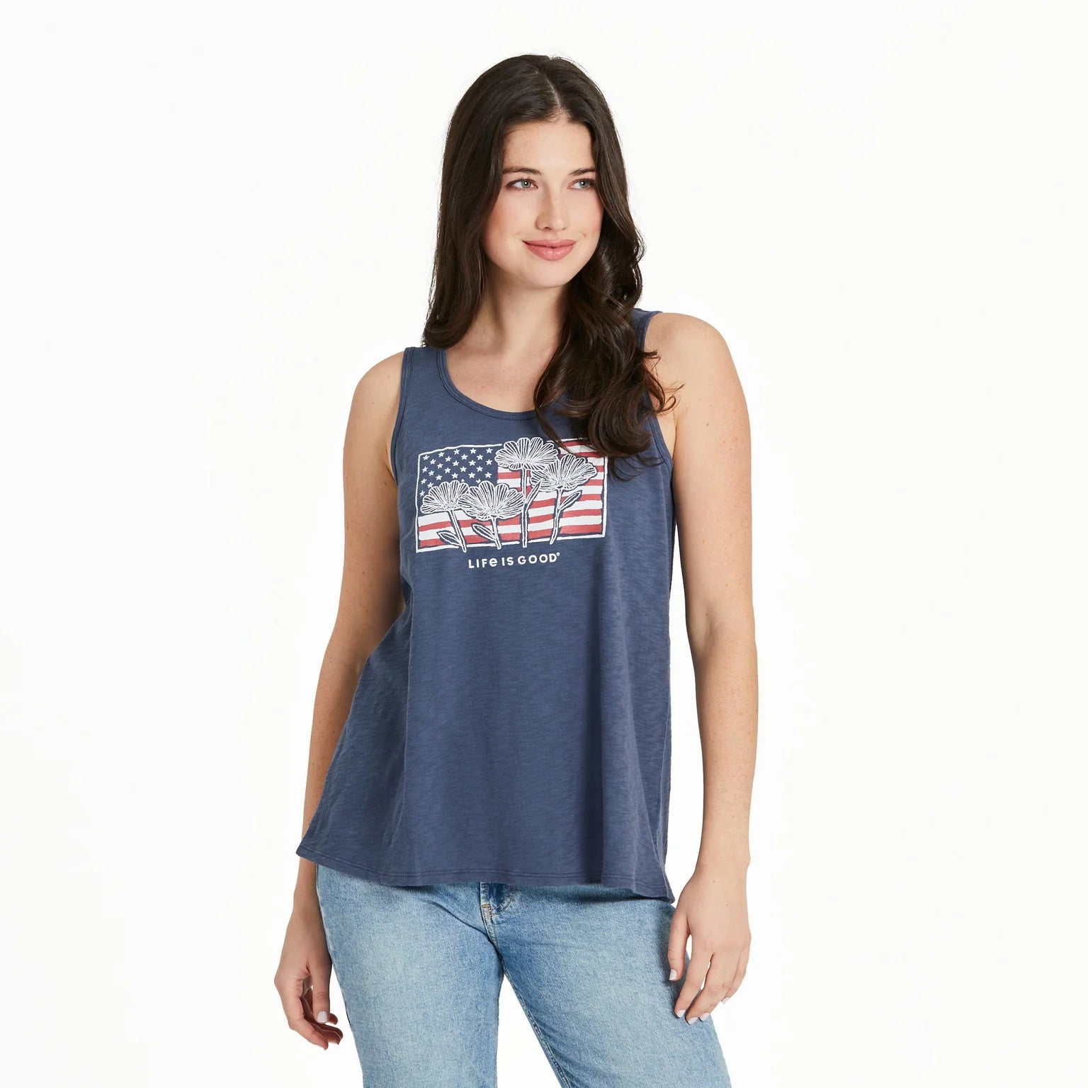 Life is Good W Textured Slub Tank Flower Flag DARKEST BLUE