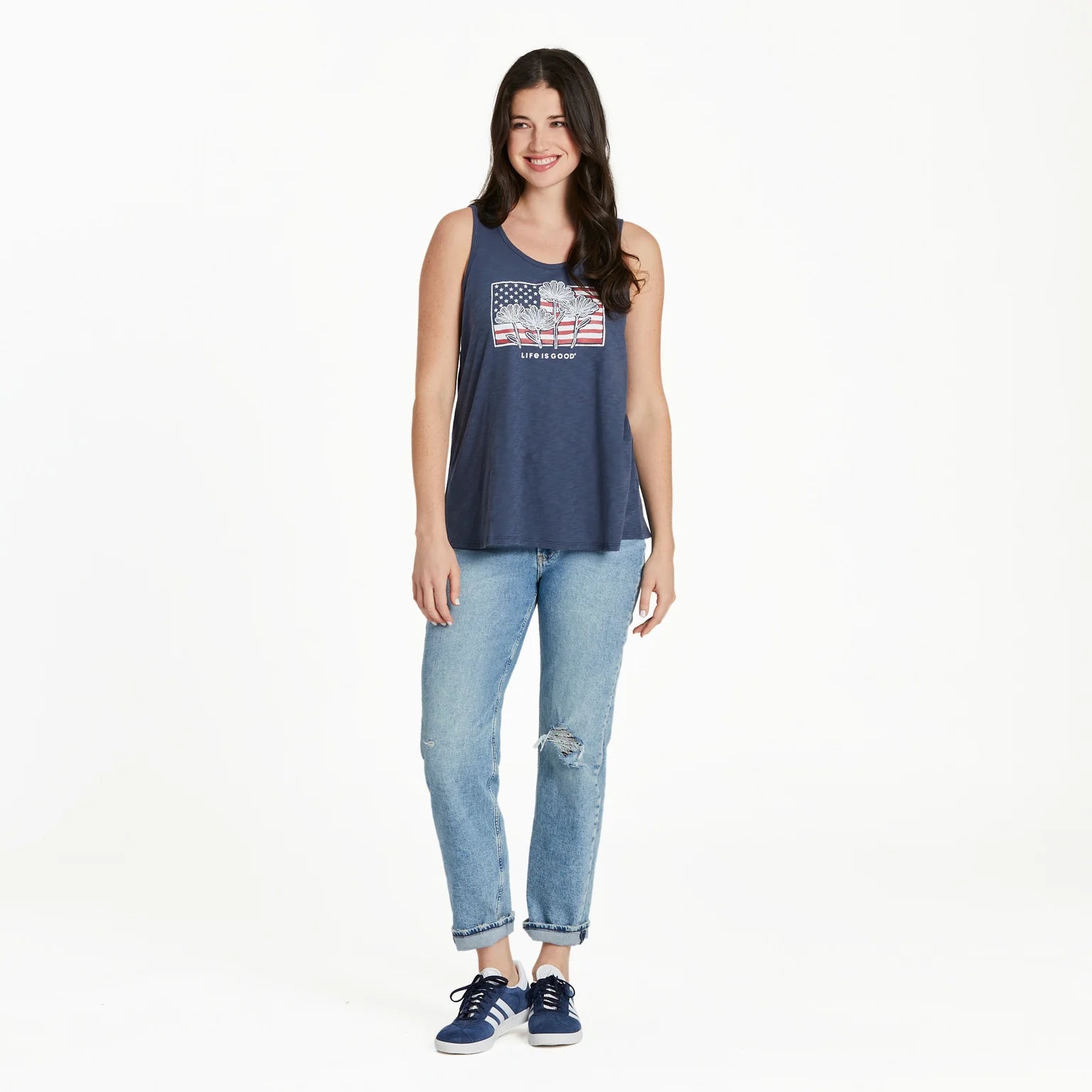 Life is Good W Textured Slub Tank Flower Flag DARKEST BLUE