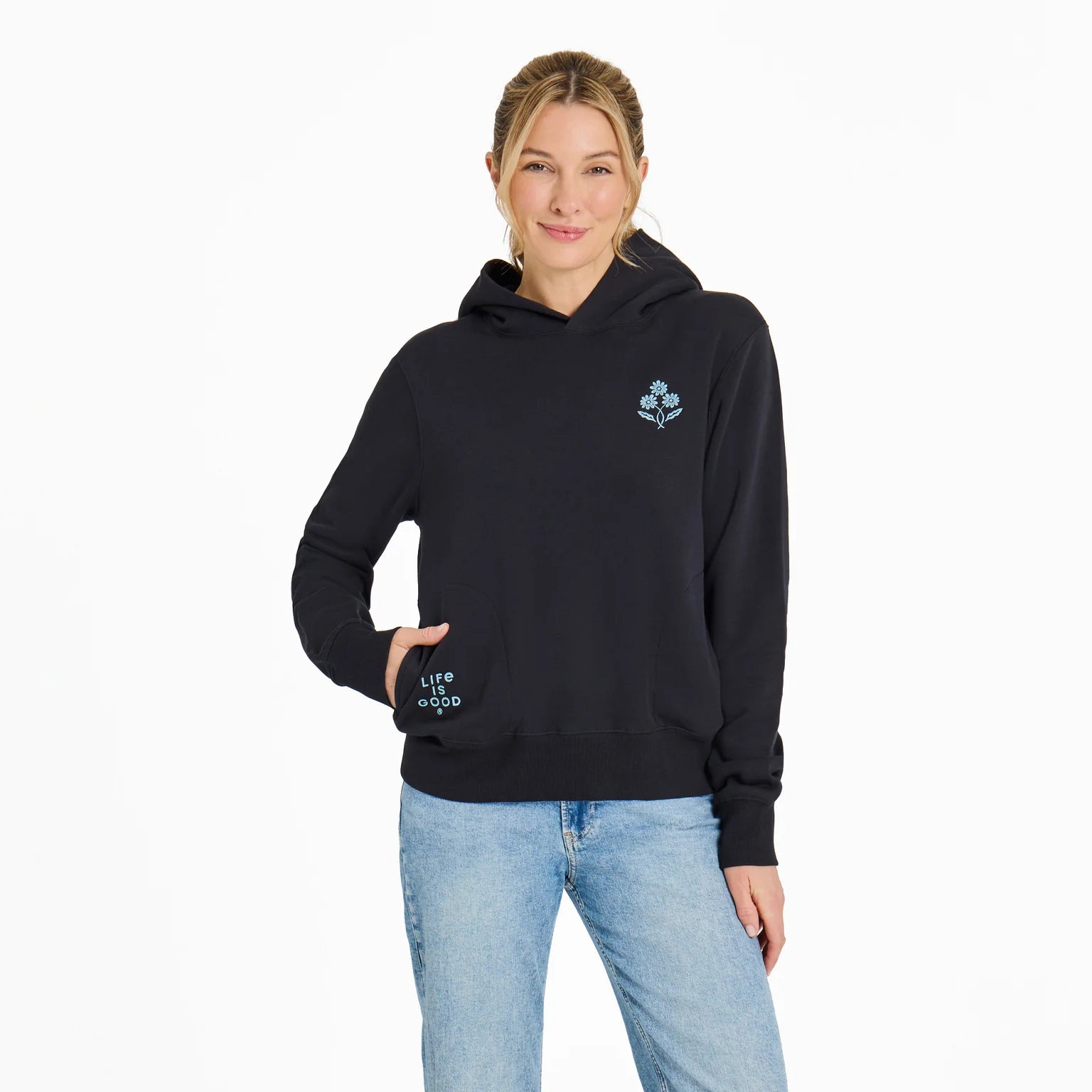 Life is Good W Good Vibes Fleece Hoodie Daisy Trio BLACK