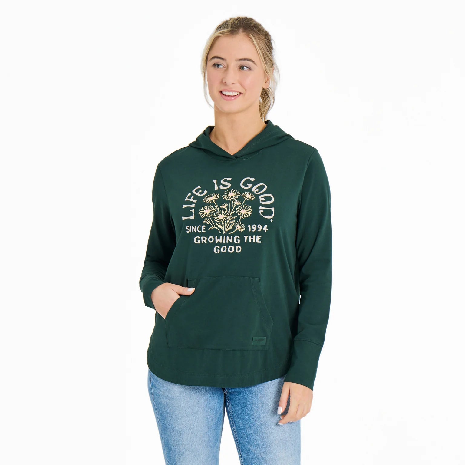 Life is Good W Crusher Flex Hooded Grow the Good Daisies TREELINE GREEN