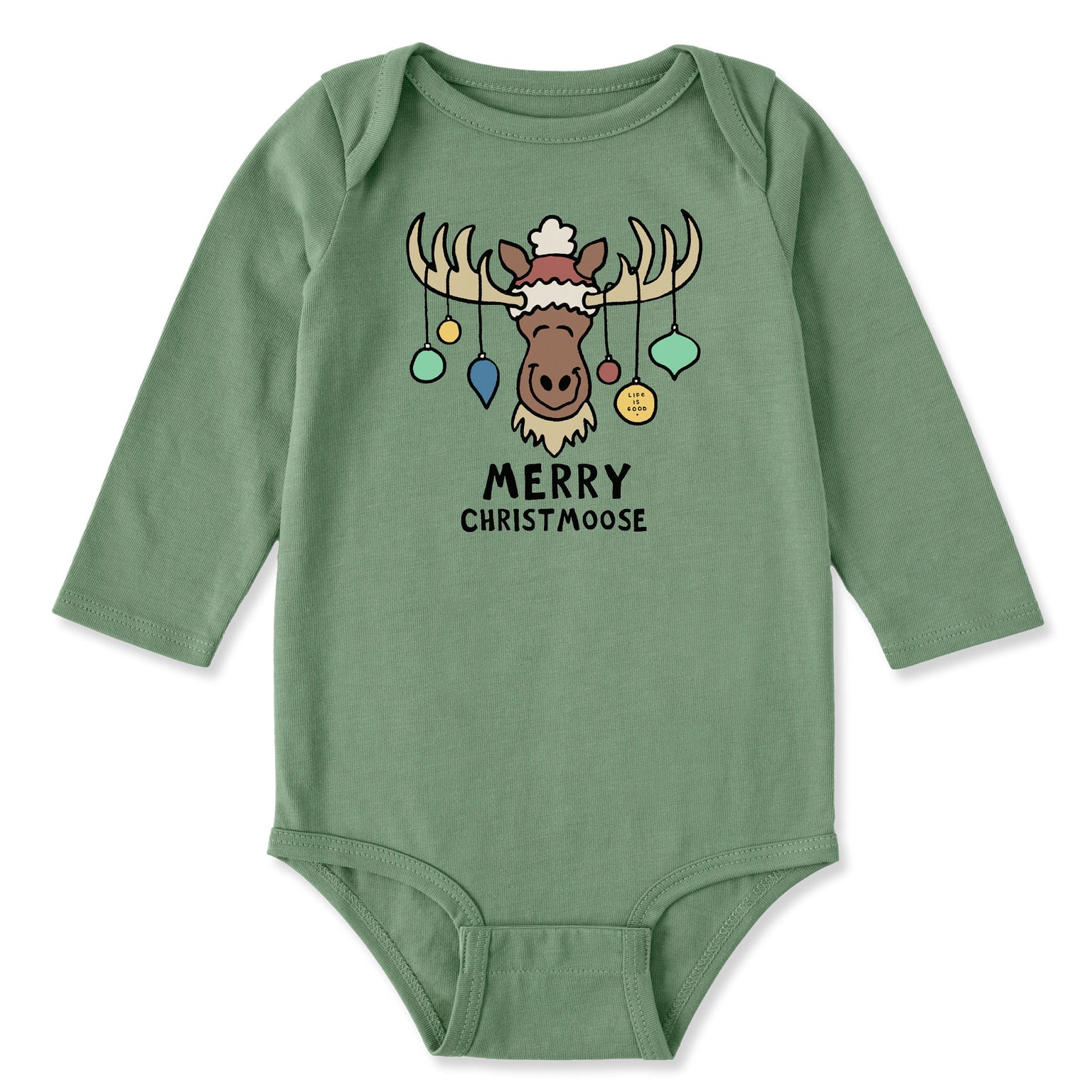 Life Is Good Baby Crusher Bodysuit Merry Christmoose Ornaments GRANITE GREEN