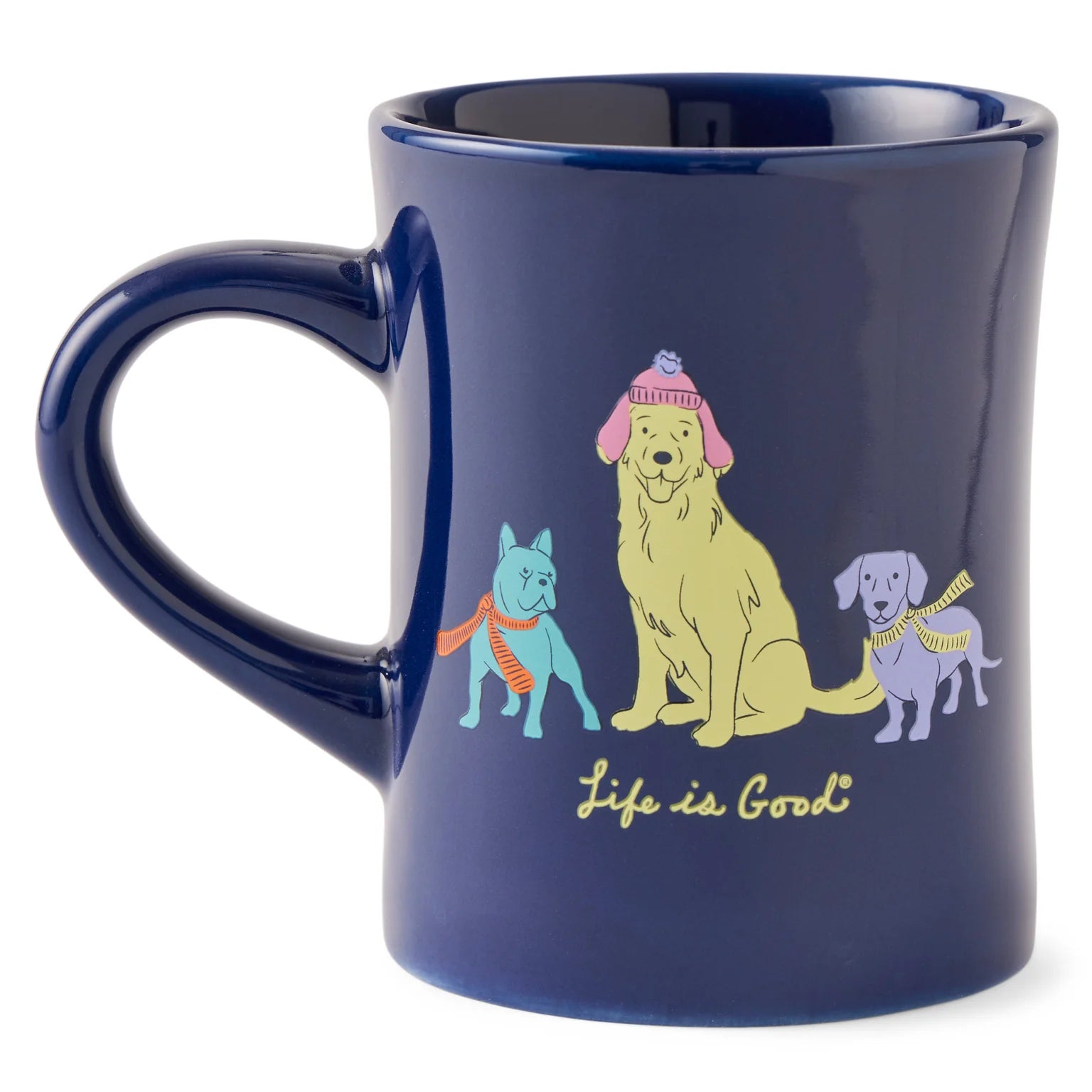 Life s Good Diner Mug Warm Winter Dogs Trio DARKEST BLUE