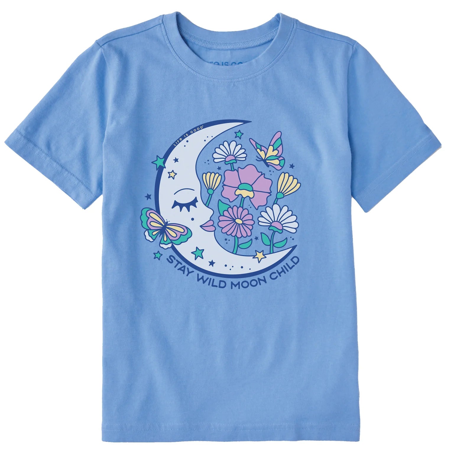 Life Is Good Kids SS Crusher Stay Wild Moon Child Flowers Tee CORNFLOWER BLUE