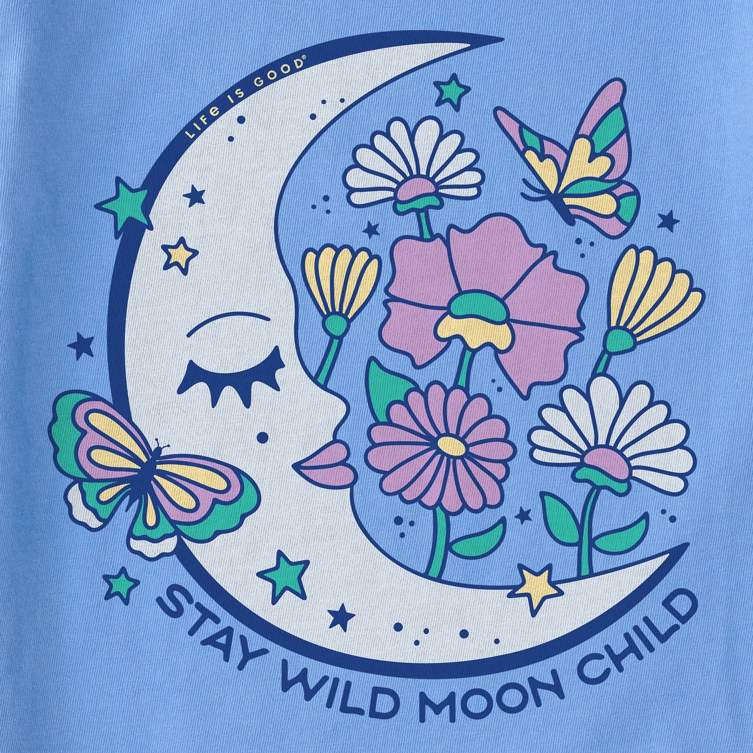 Life Is Good Kids SS Crusher Stay Wild Moon Child Flowers Tee CORNFLOWER BLUE