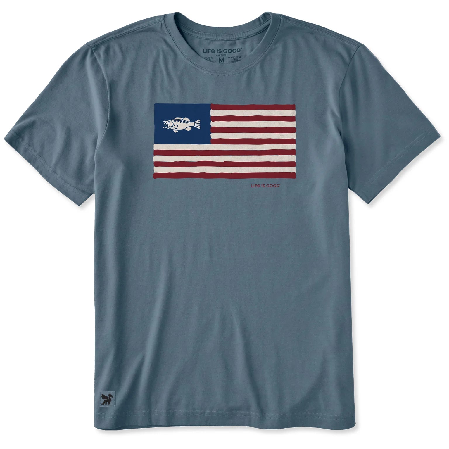 Life Is Good M SS Crusher Fish Flag Tee SLATE BLUE