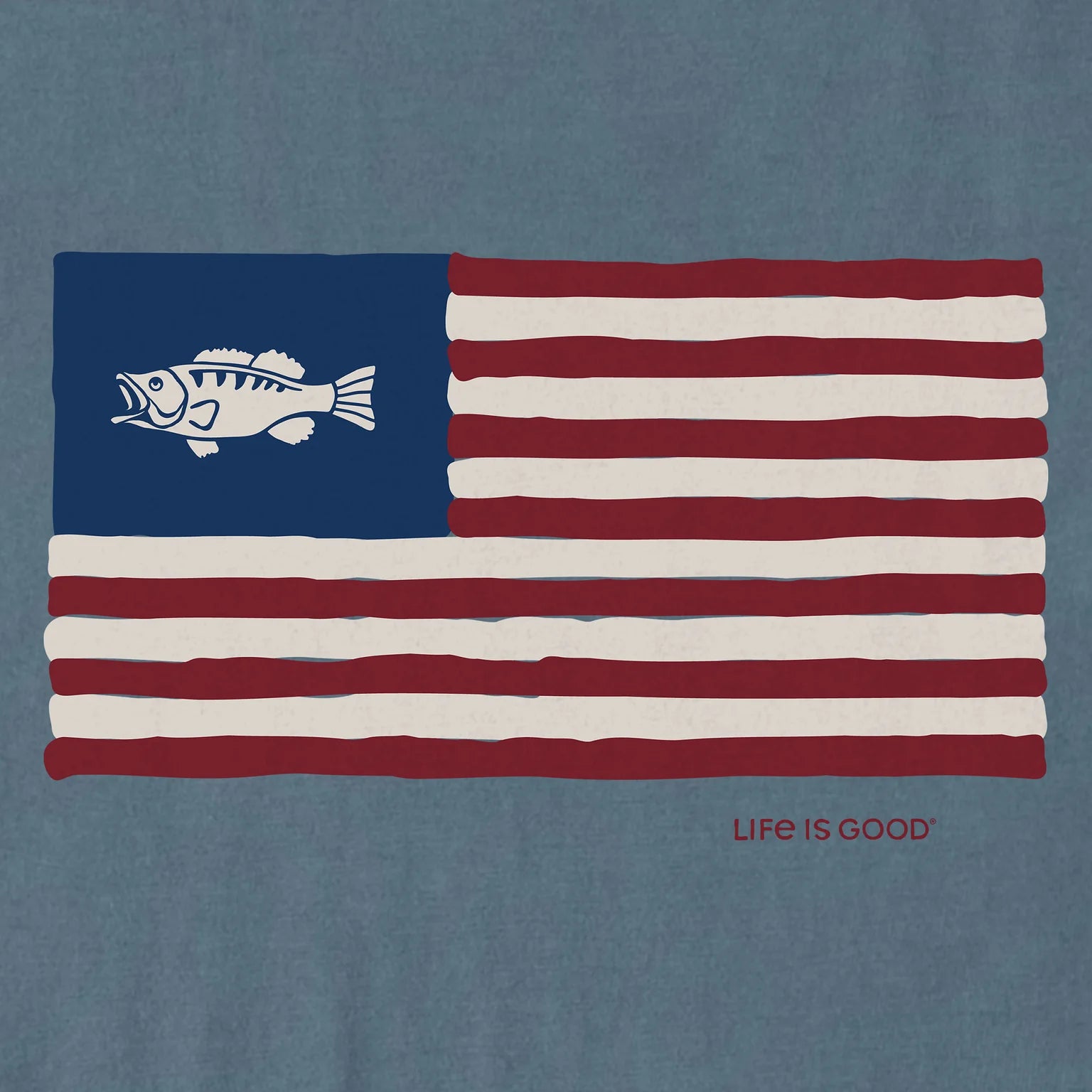 Life Is Good M SS Crusher Fish Flag Tee SLATE BLUE