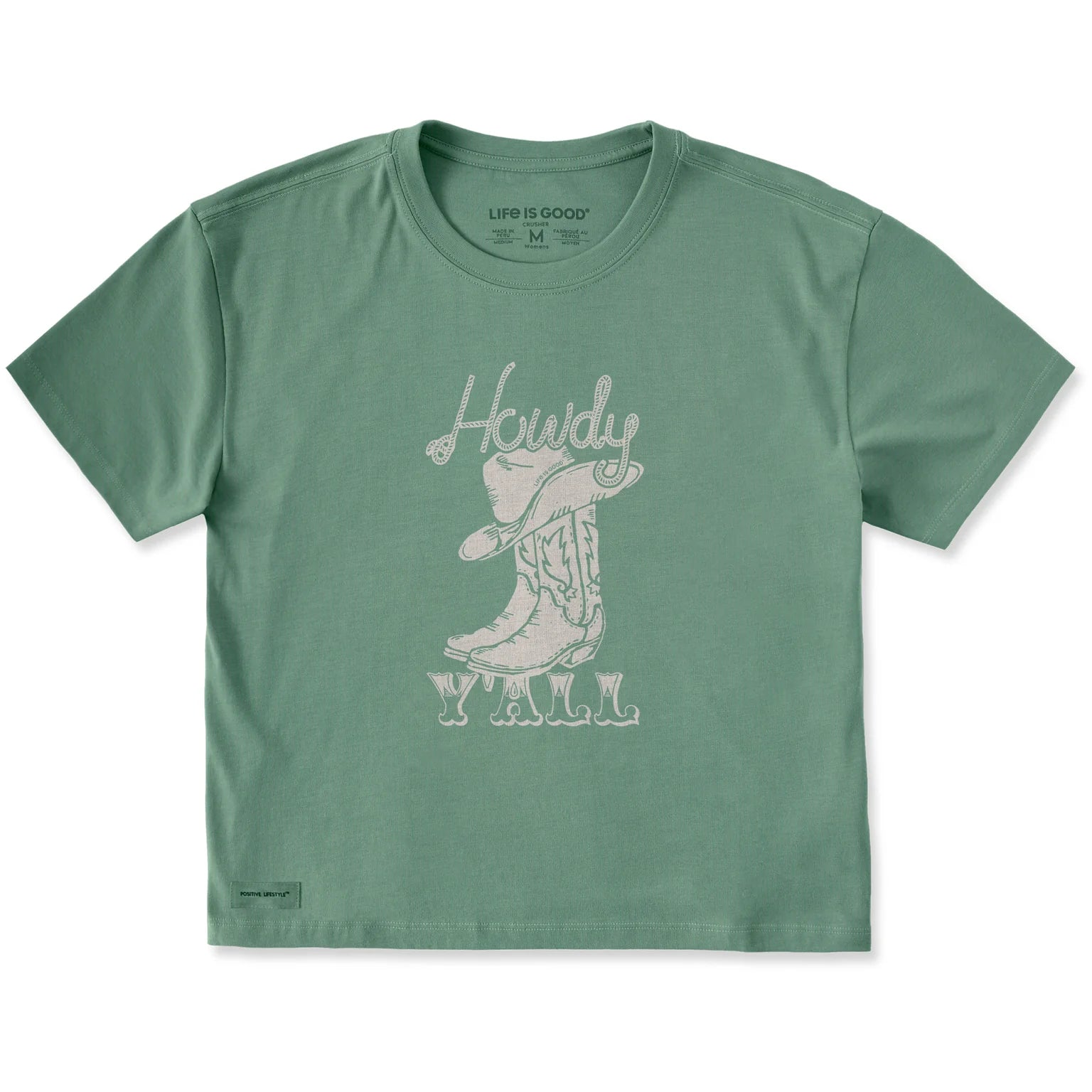 Life Is Good W SS Crusher Boxy Tee Howdy Y'all GRANITE GREEN
