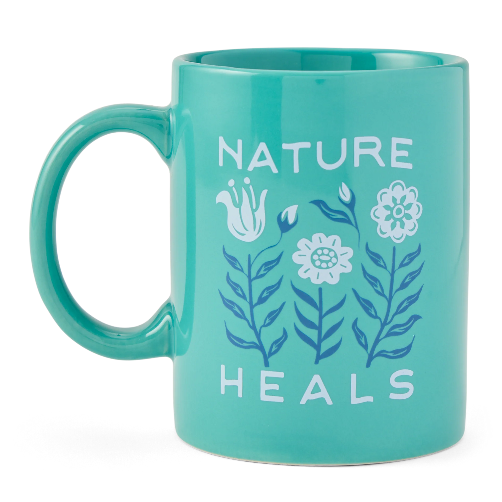 Life Is Good Jake's Mug Nature Heals Floral TURQUOISE GREEN
