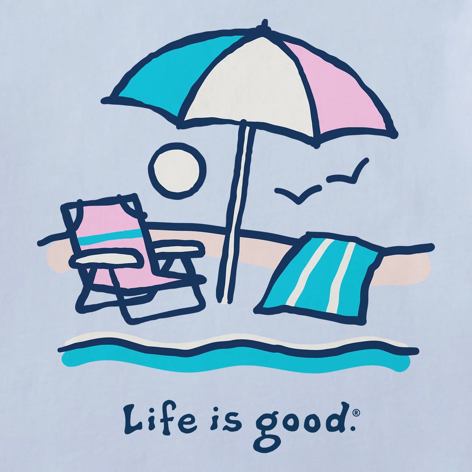 Life is Good W SS Crusher Beach Umbrella Scene Vee GLACIER BLUE