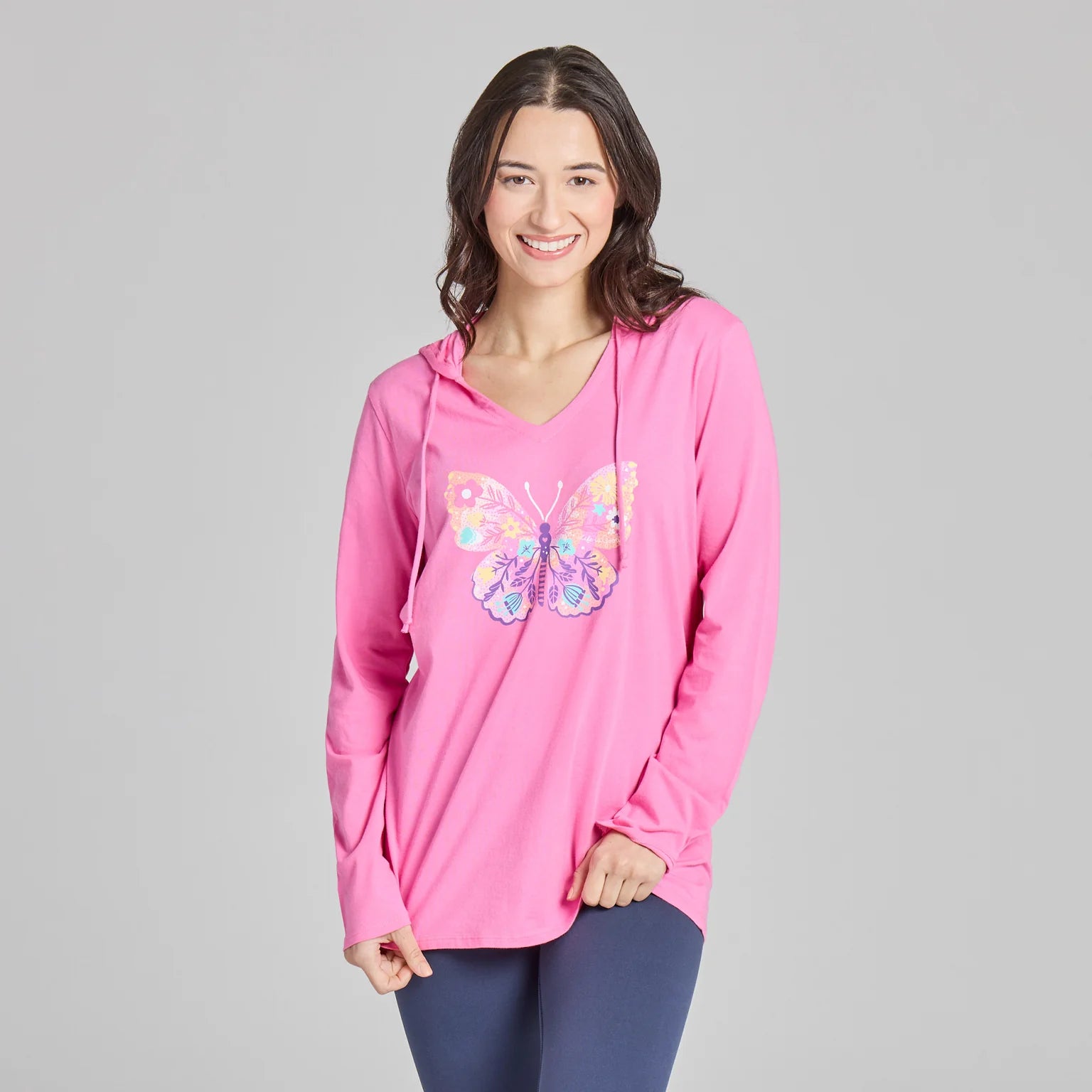 Life is Good W LS Floral Butterfly Hooded Crusher-Lite Tee WATERMELON PINK