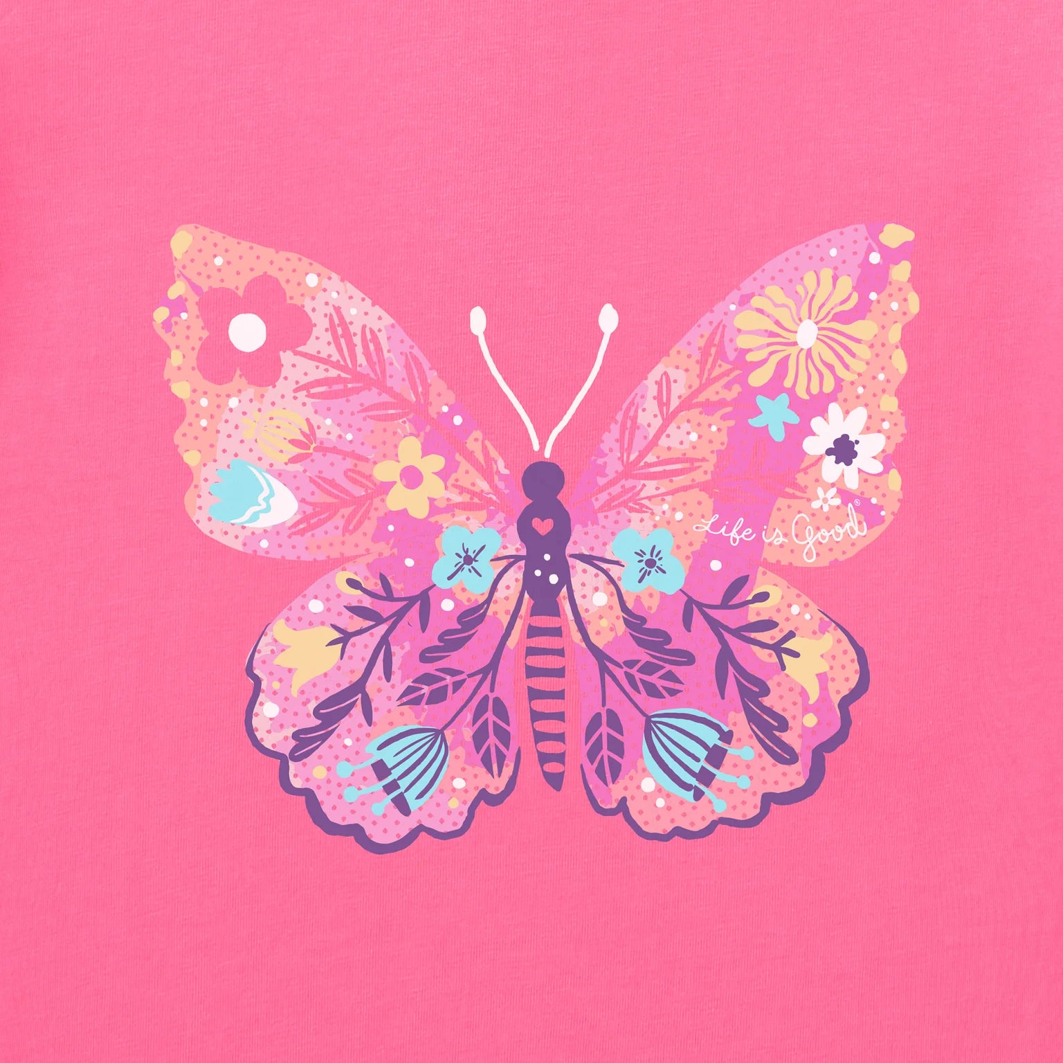 Life is Good W LS Floral Butterfly Hooded Crusher-Lite Tee WATERMELON PINK
