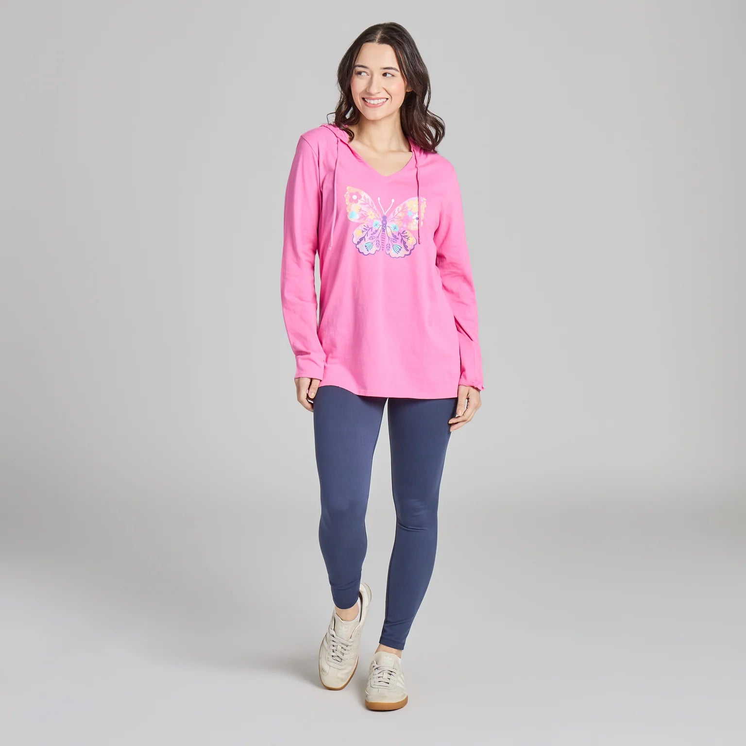 Life is Good W LS Floral Butterfly Hooded Crusher-Lite Tee WATERMELON PINK