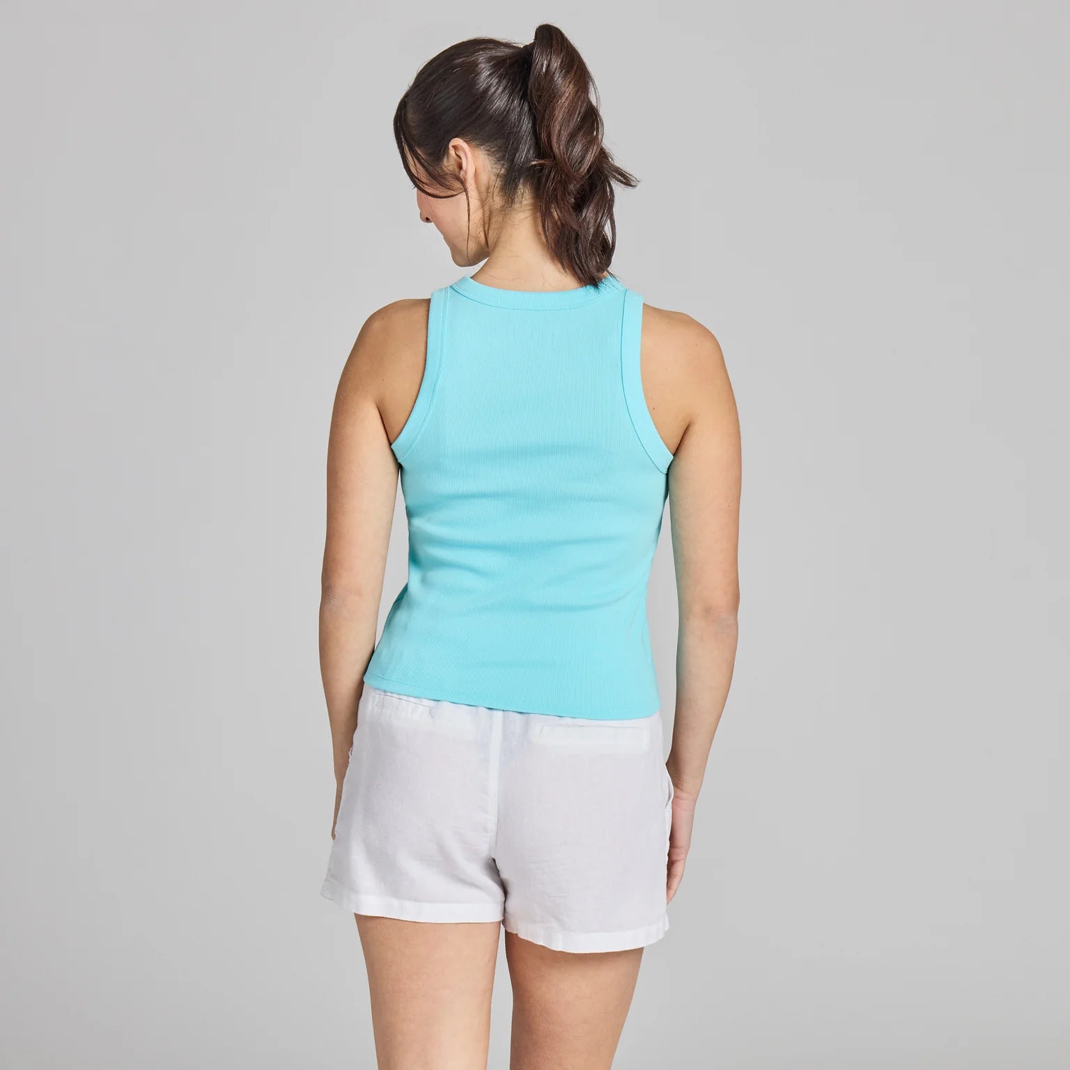 Life is Good W Embroidered Flower Duo Fitted Rib Tank AQUA BLUE