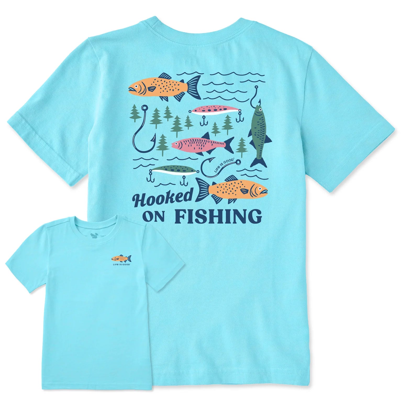 Life Is Good Kids SS Crusher Hooked On Fishing Tee AQUA BLUE