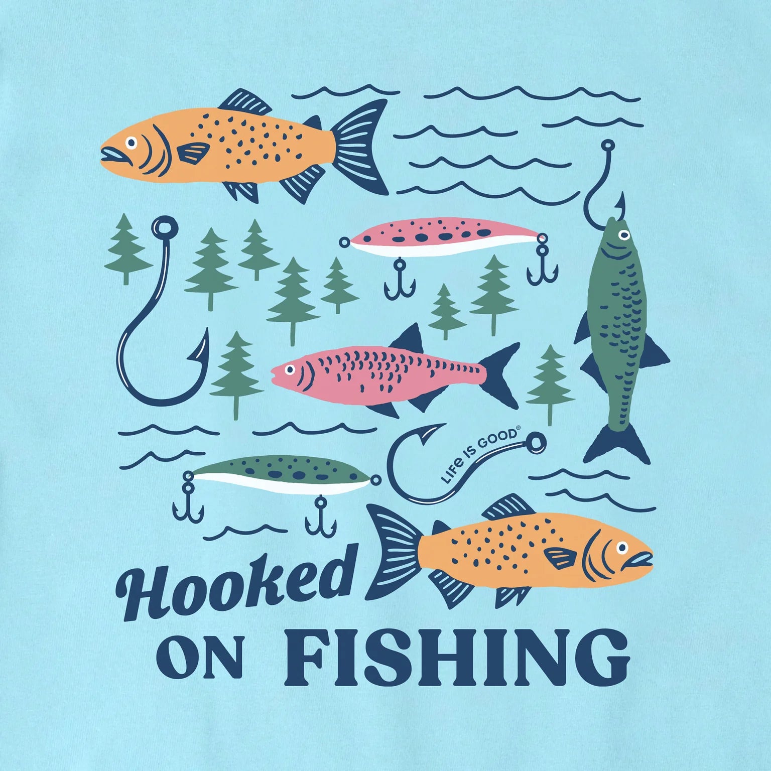 Life Is Good Kids SS Crusher Hooked On Fishing Tee AQUA BLUE