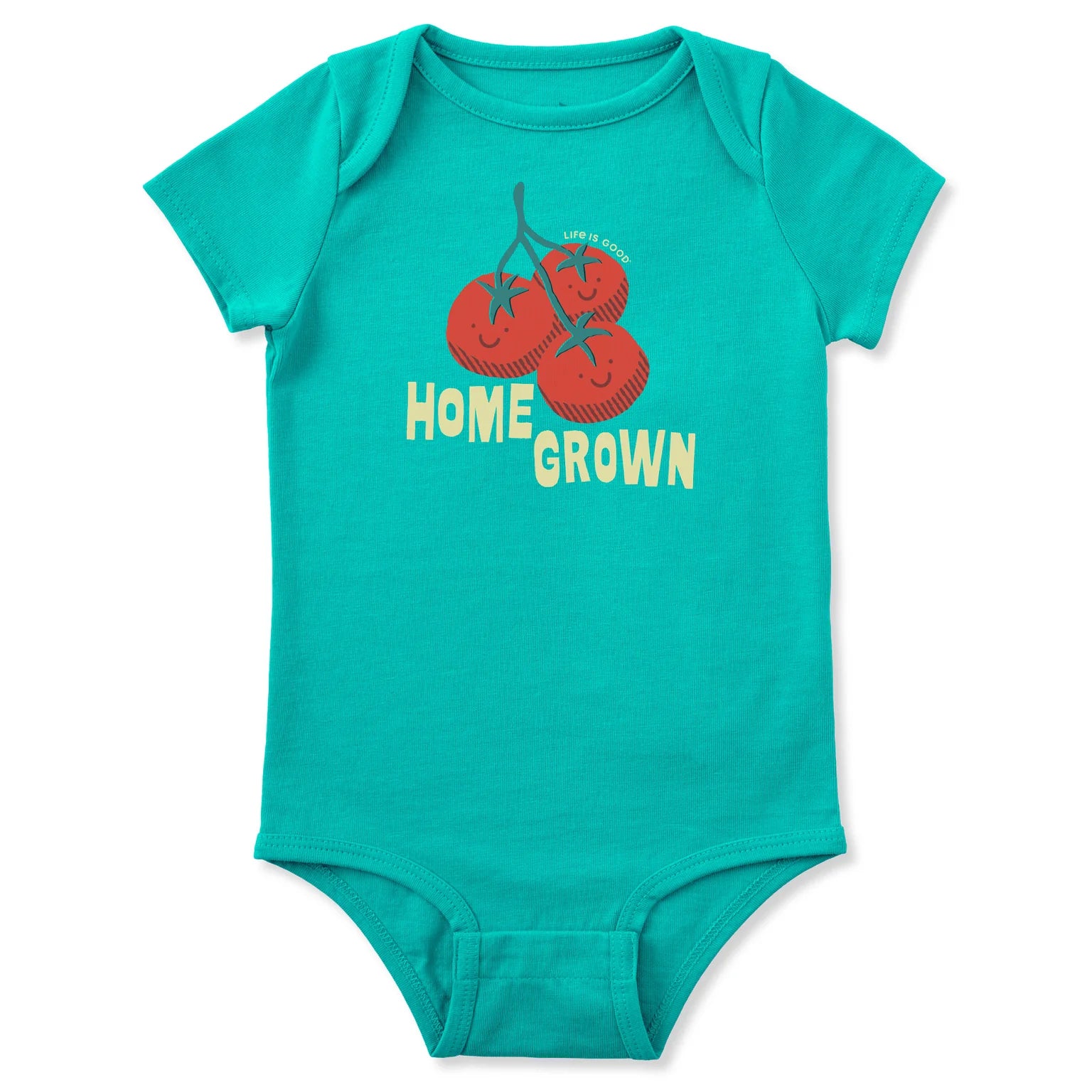 Life Is Good Baby Crusher Smiling Home Grown Tomatoes Bodysuit TURQUOISE GREEN