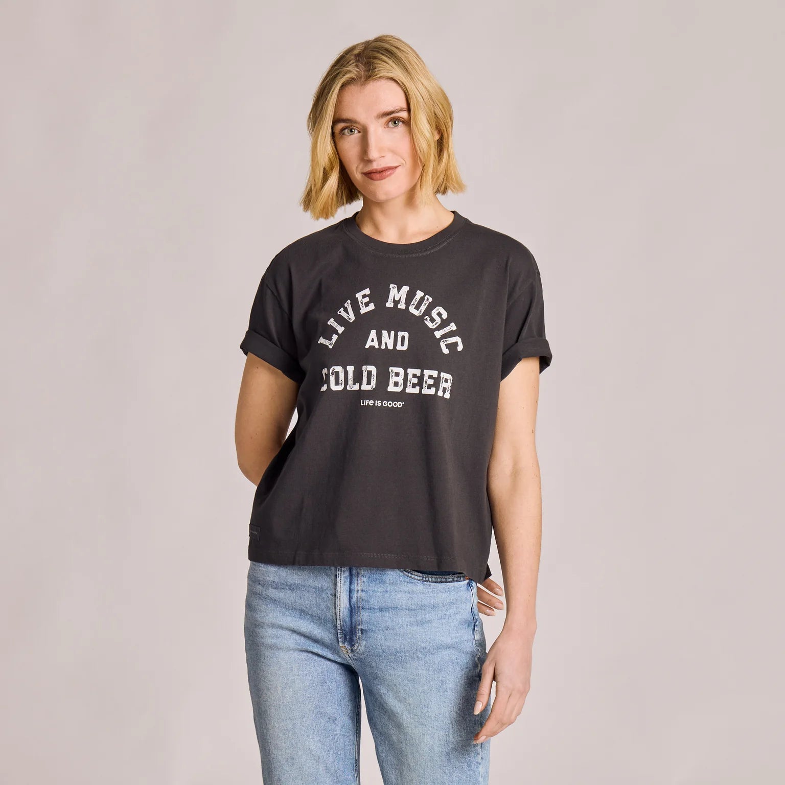 Life Is Good W SS Boxy Tee Live Music More Beer FADED BLACK