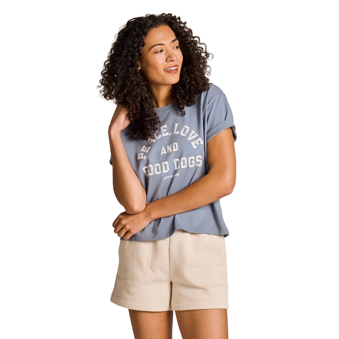 Life is Good W SS Boxy Tee Peace Love and Good Dogs SLATE BLUE