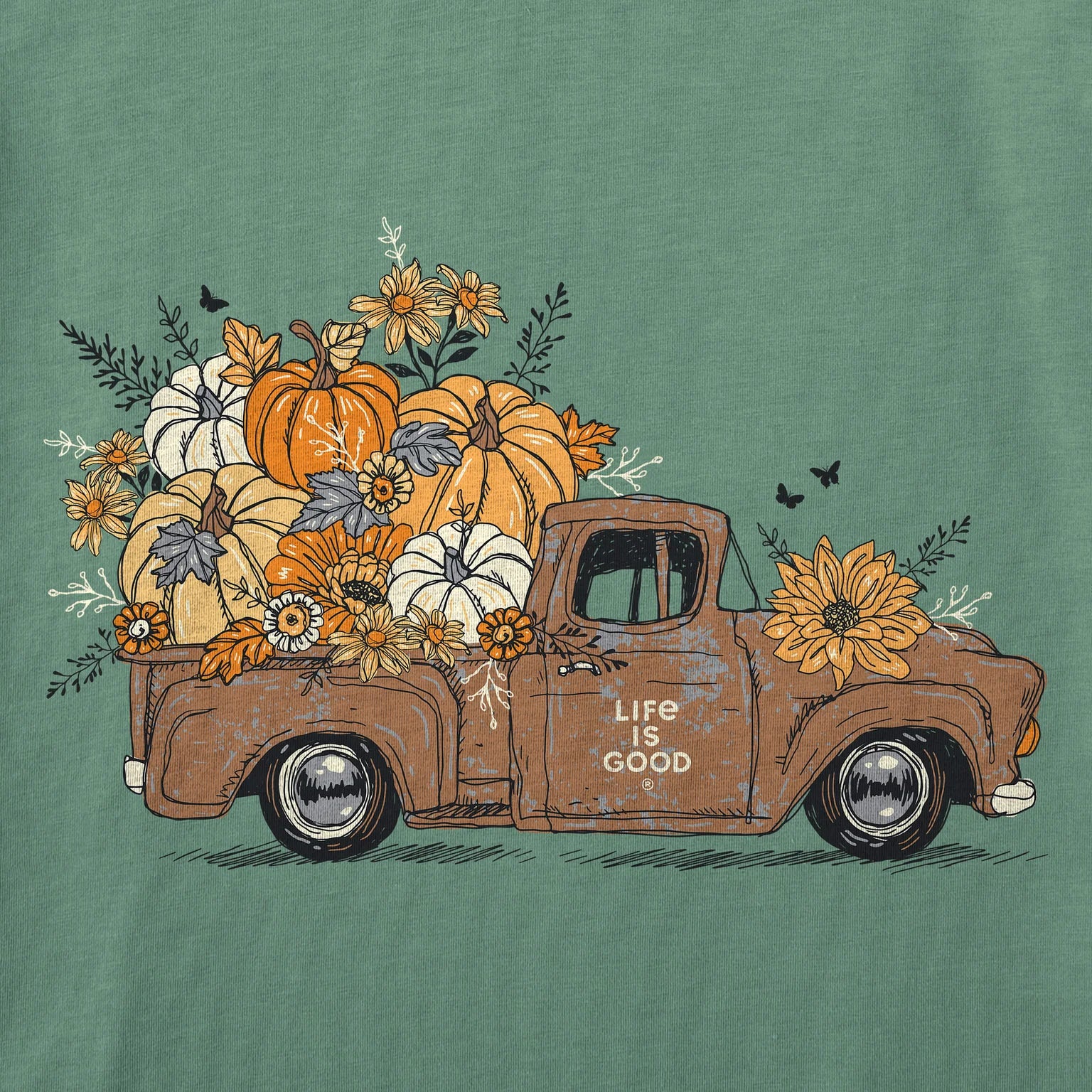 Life is Good W Crusher SS Pumpkin Patch Pickup Tee GRANITE GREEN