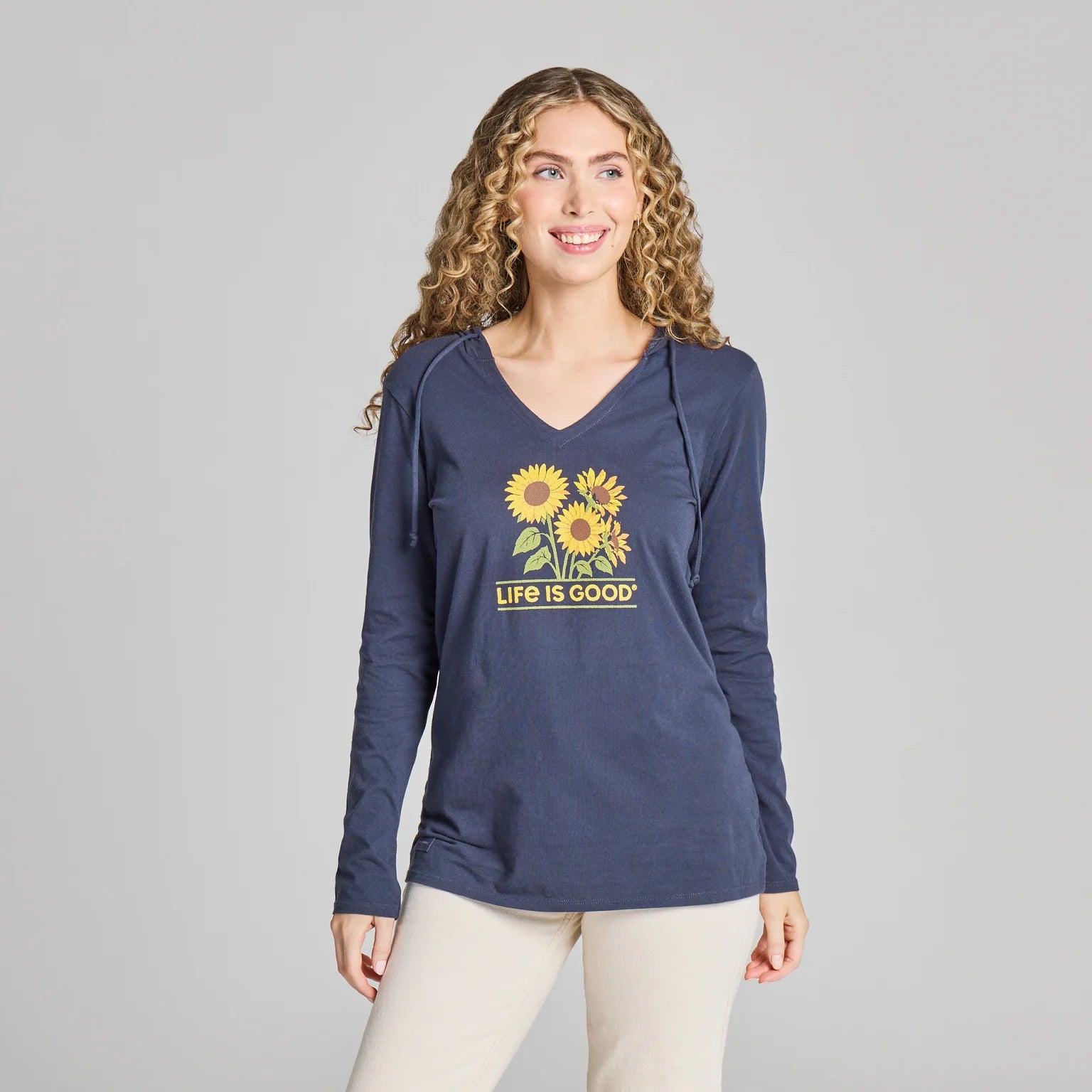 Life is Good W LS Hooded Crusher Lite Sunflower Tee INK BLUE