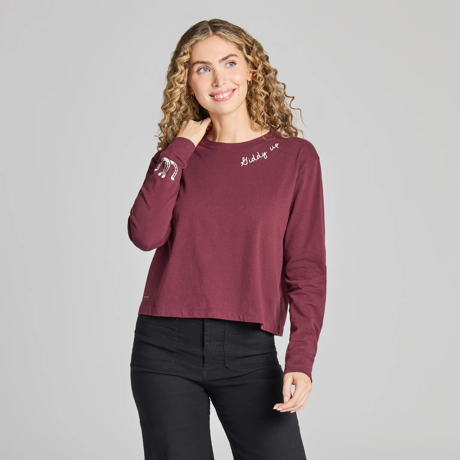 Life is Good W LS Crusher Boxy Double Horseshoe Tee DEEP BURGUNDY