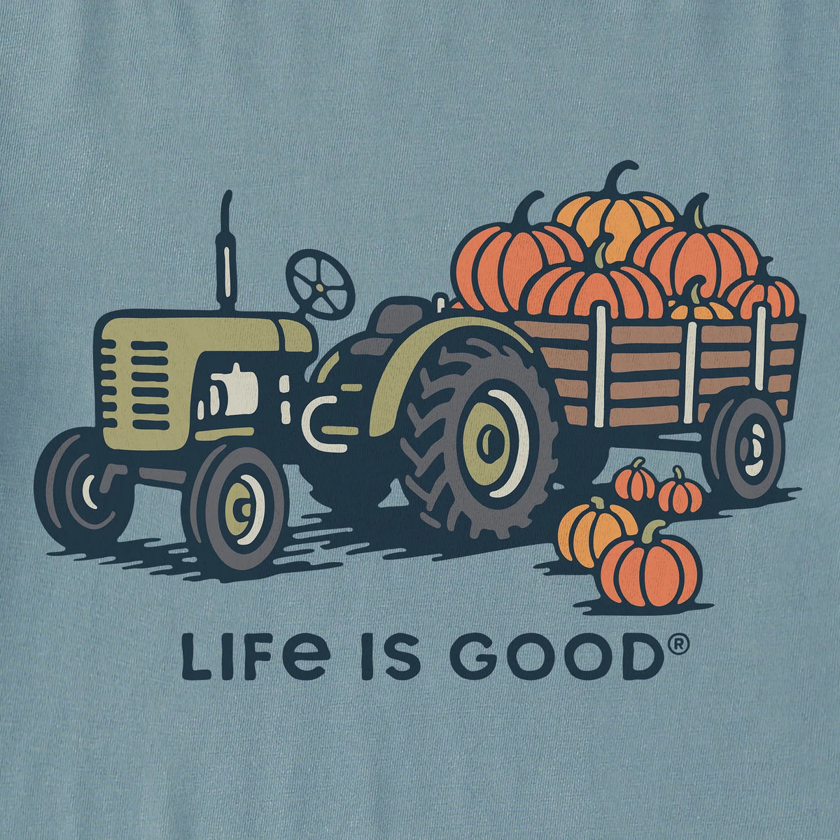 Life is Good M SS Crusher Tractor of Pumpkin Tee SMOKE