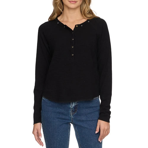 Flag & Anthem W LS Cambria Waffle Emb Henley BLACK