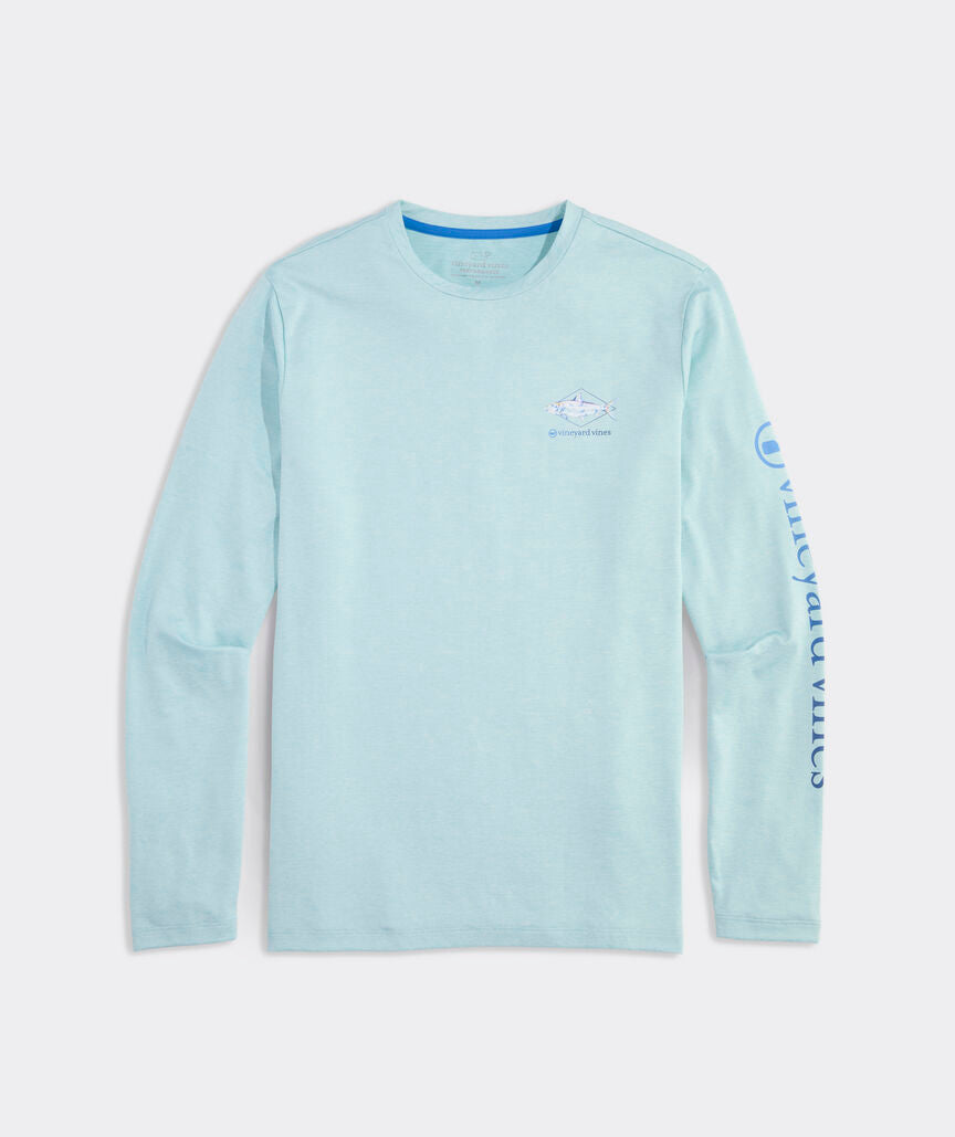 Vineyard Vines M LS Painted Bonefish Performance Tee AQUA HAZE HEATHER