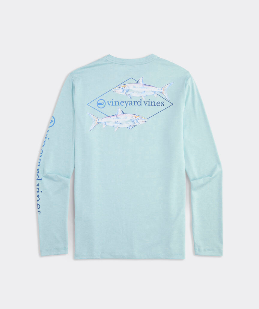 Vineyard Vines M LS Painted Bonefish Performance Tee AQUA HAZE HEATHER