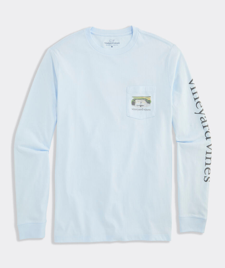 Vineyard Vines M LS Flats Watercolor Tee ROCK BLUE