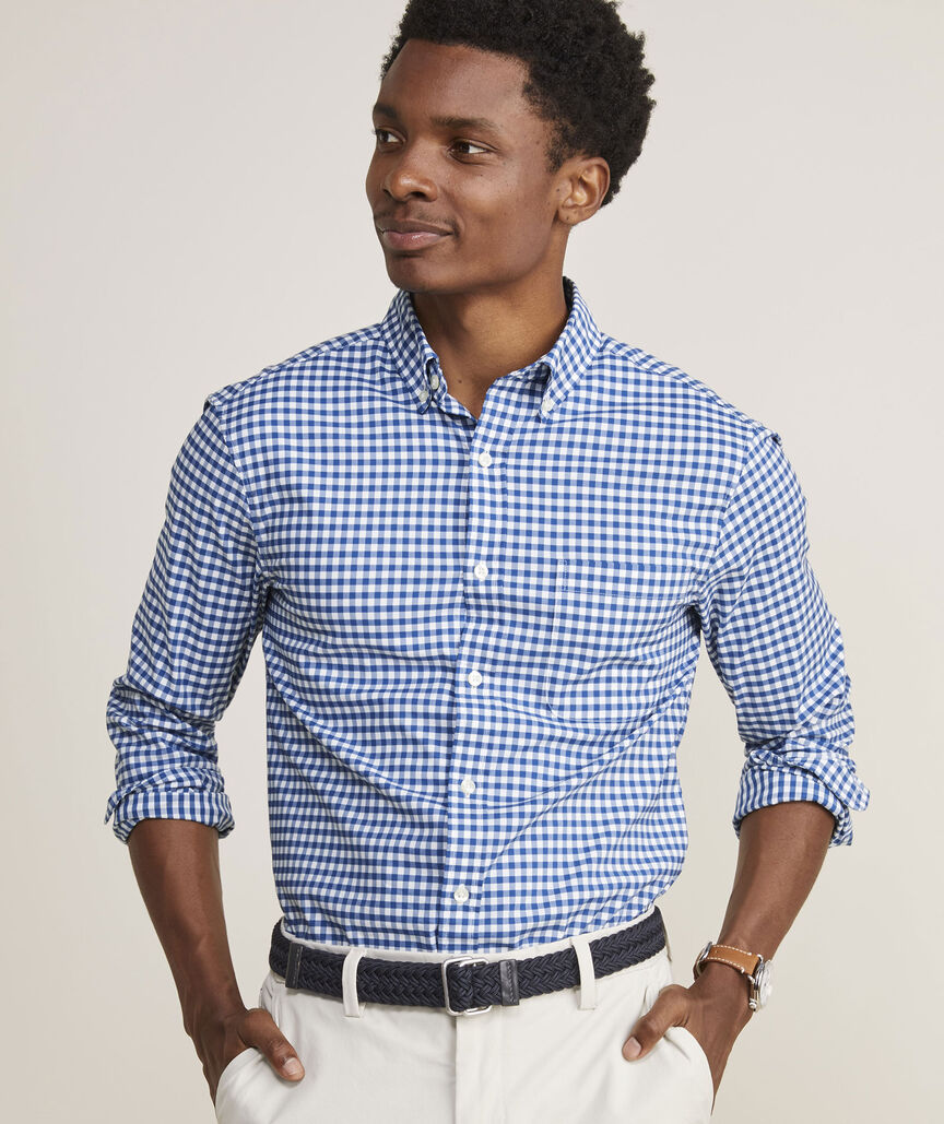 Vineyard Vines M LS Skysail Gingham Performance Cotton Shirt BLUE BAY