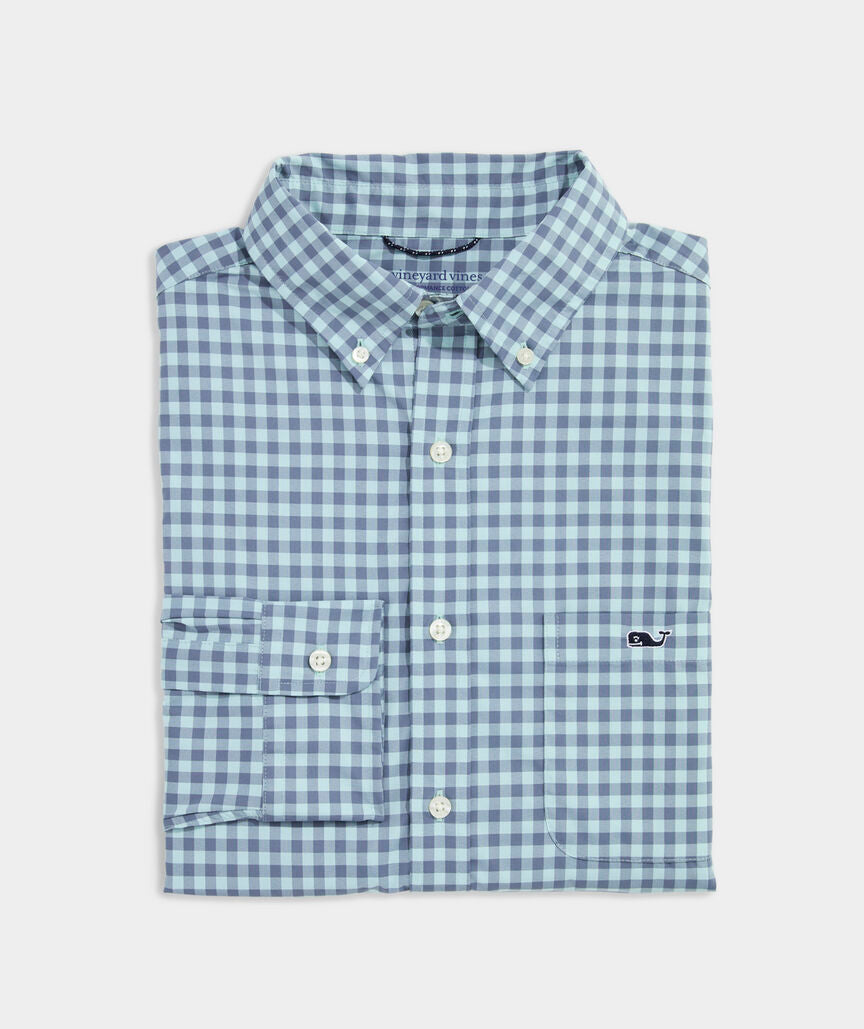 Vineyard Vines M LS Topsail Gingham LW OTG Shirt AQUA HAZE