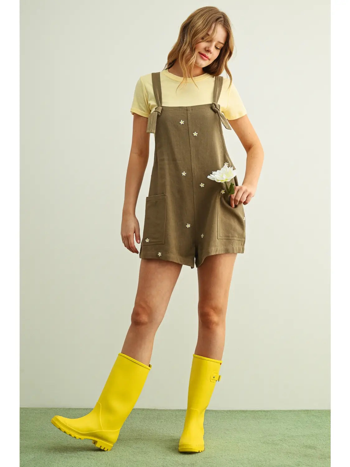 Miou Muse W Floral Embroidered Romper BROWN