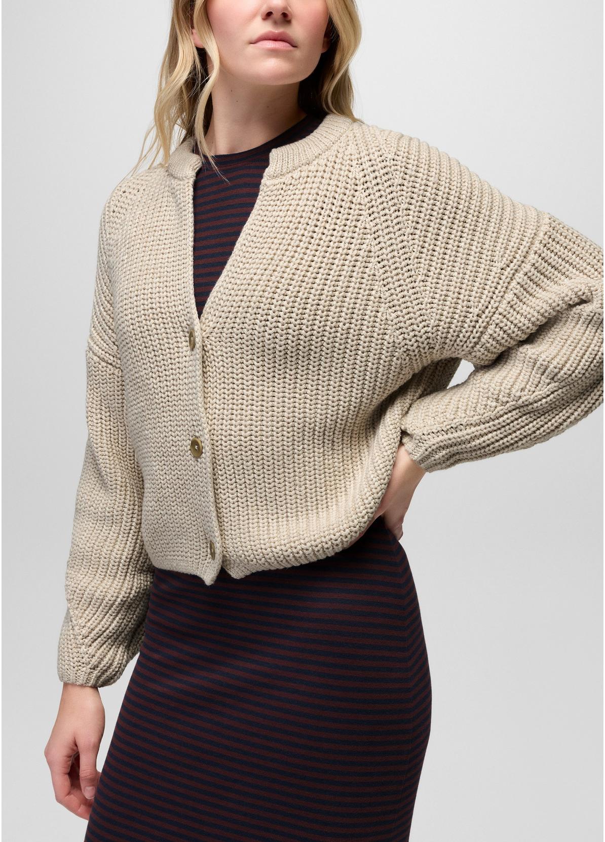 prAna W Sunday River Short Cardigan BEACH PEBBLE