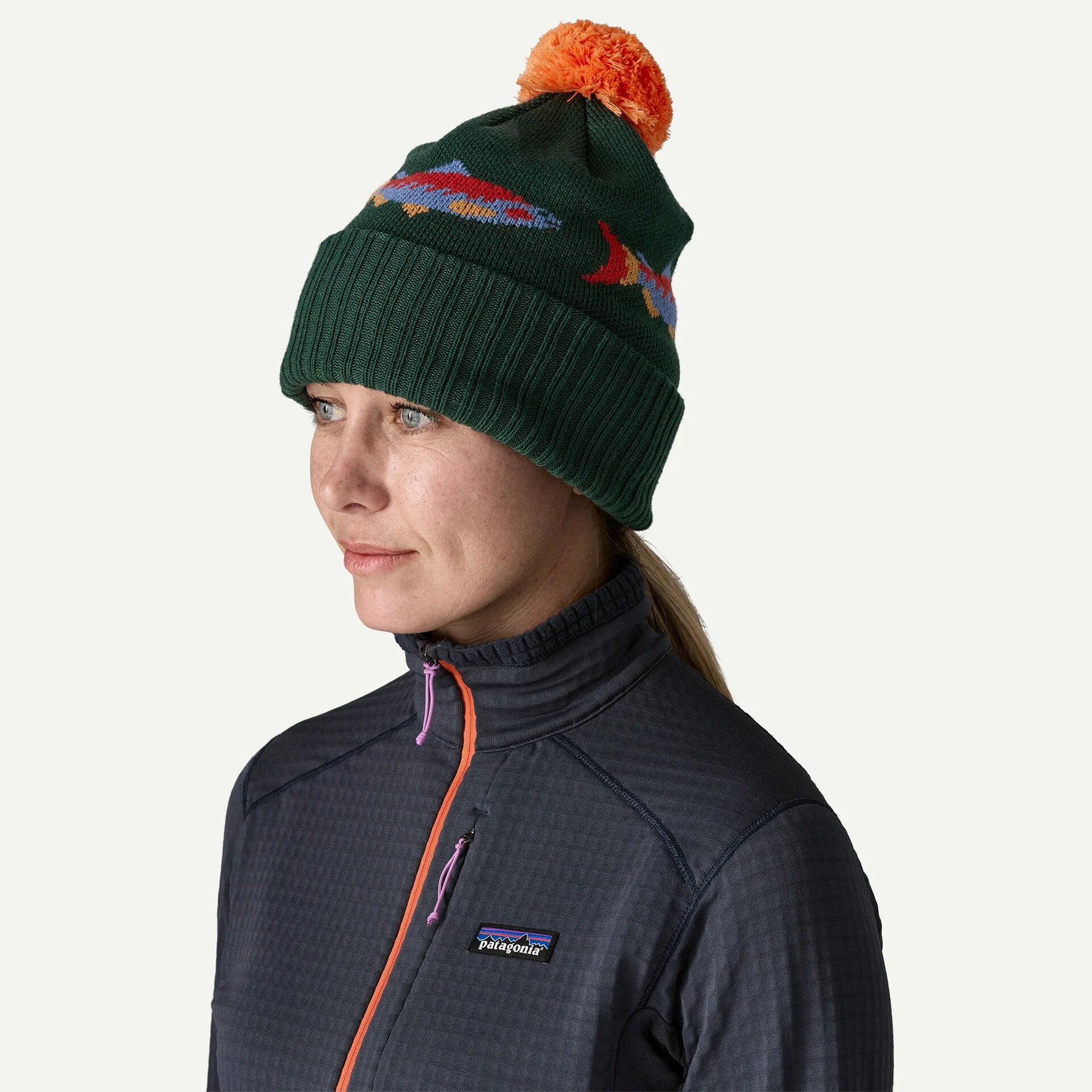 Patagonia M Powder Town Beanie SALMON ENERGY STRIPE OLD GROWTH GREEN
