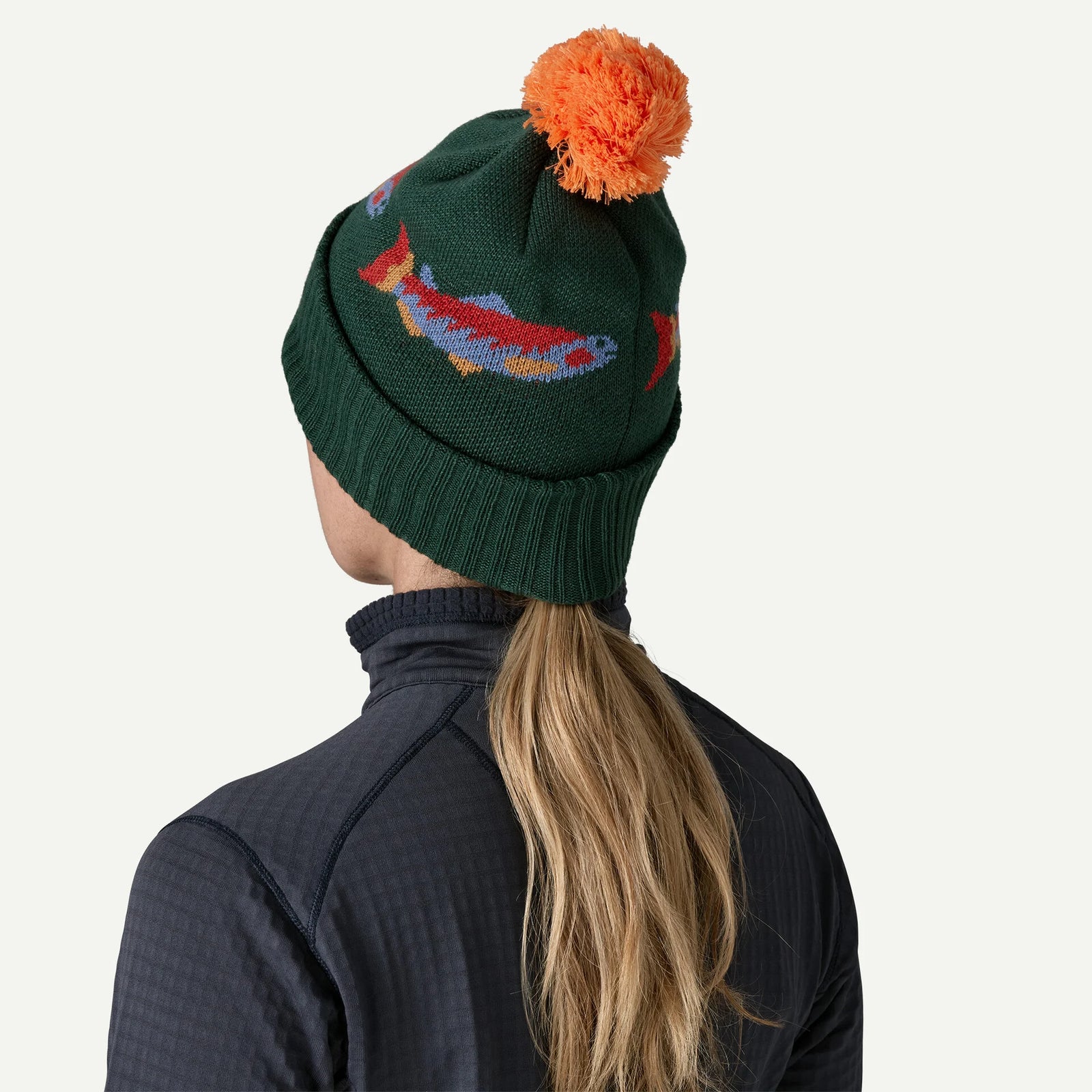 Patagonia M Powder Town Beanie SALMON ENERGY STRIPE OLD GROWTH GREEN