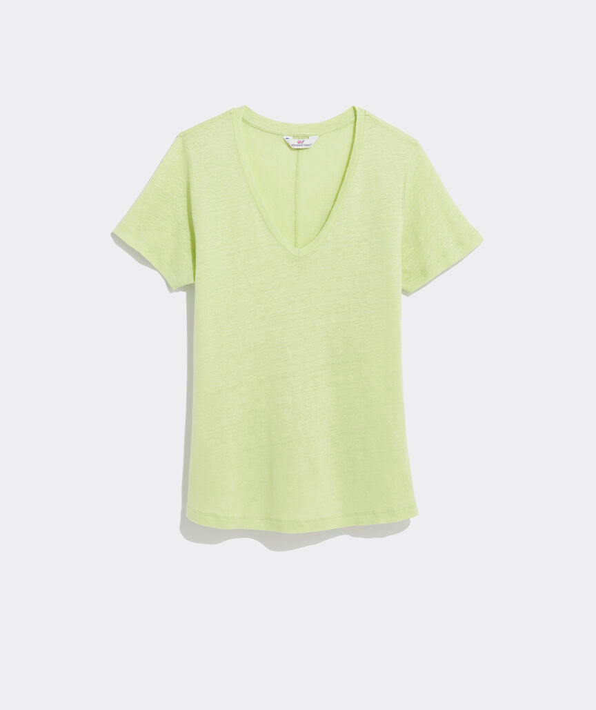 Vineyard Vines W SS Linen V-Neck Top AGAVE