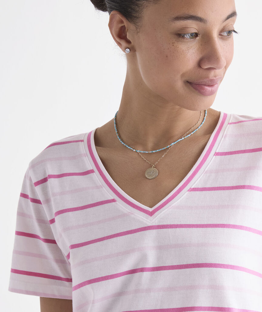 Vineyard Vines W SS Supima Jersey V-Neck Tee STRIPE BAHAMA BREEZE