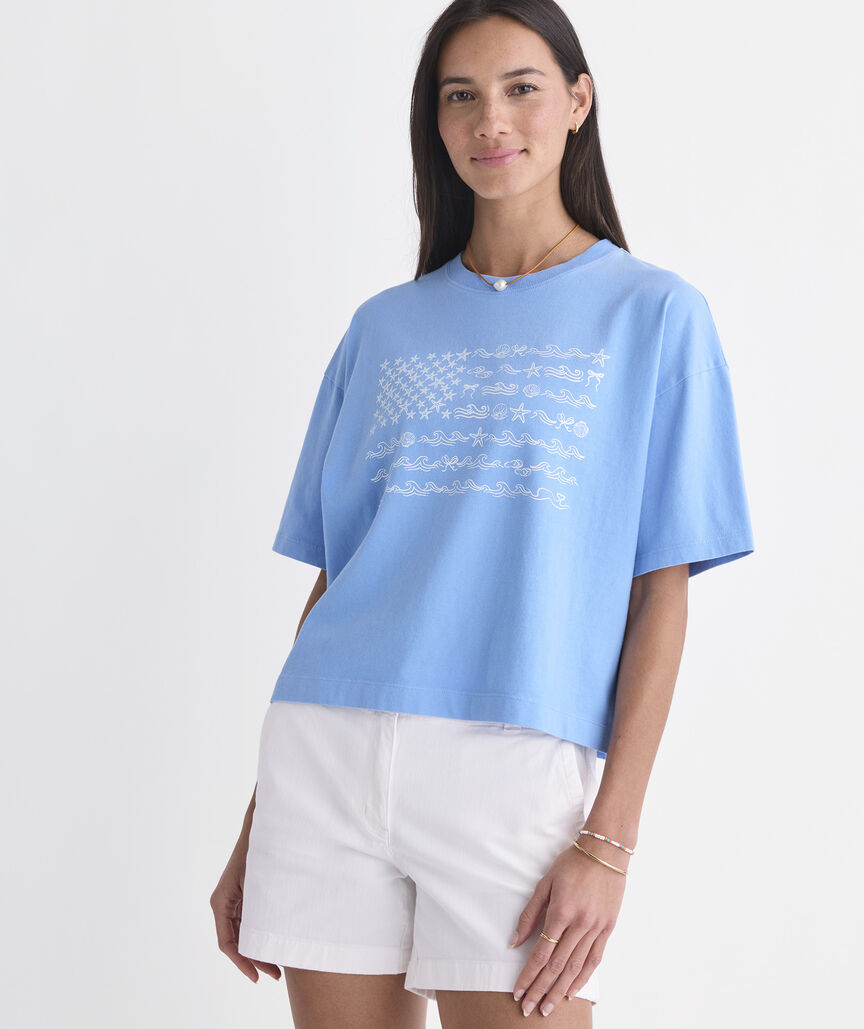 Vineyard Vines W SS Beach Icon US Flag Boxy Tee SERENITY BLUE