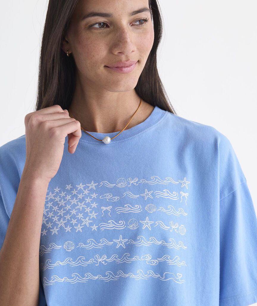 Vineyard Vines W SS Beach Icon US Flag Boxy Tee SERENITY BLUE