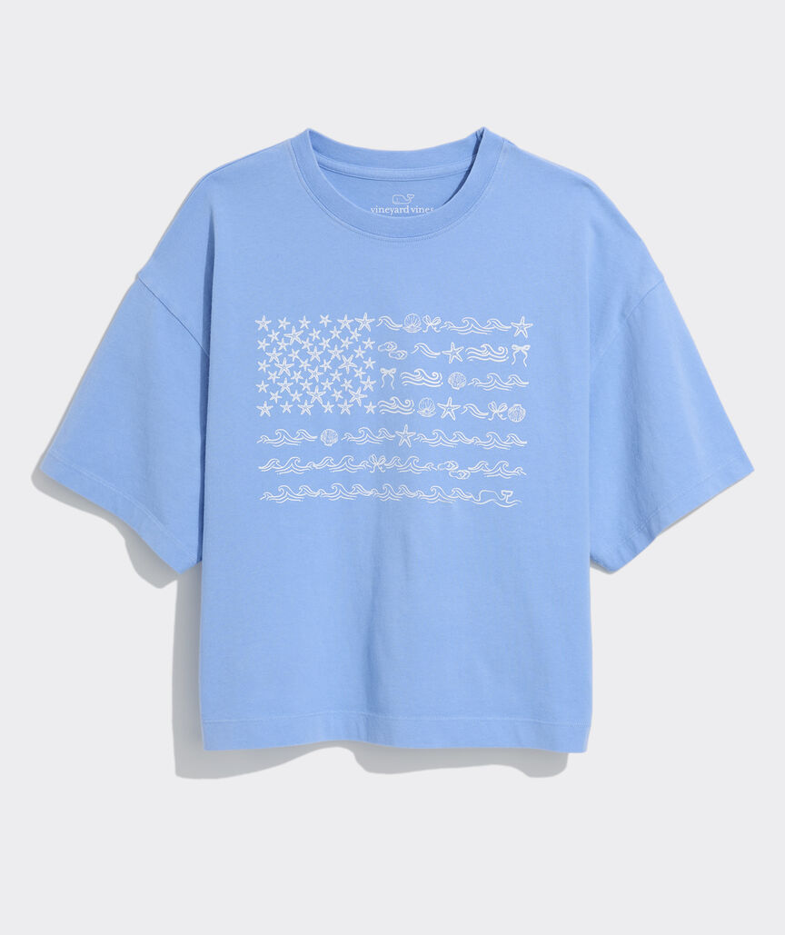 Vineyard Vines W SS Beach Icon US Flag Boxy Tee SERENITY BLUE