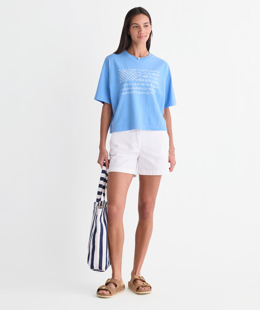 Vineyard Vines W SS Beach Icon US Flag Boxy Tee SERENITY BLUE