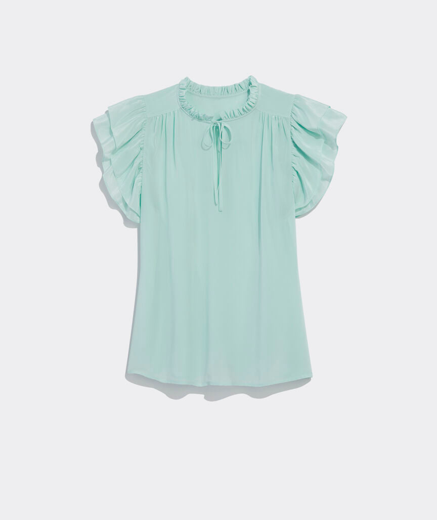 Vineyard Vines W Double Ruffle Sleeve Top BLEACHED AQUA