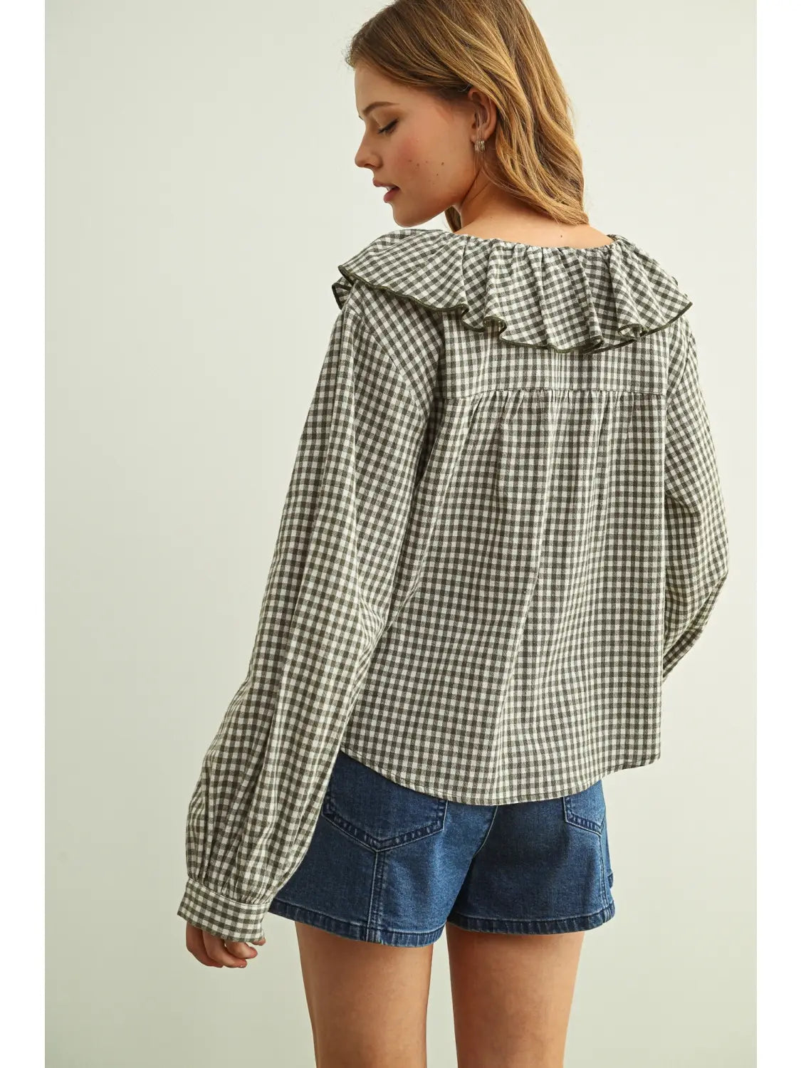 Miou Muse W LS Mini Gingham Ruffled Collar Blouse OLIVE